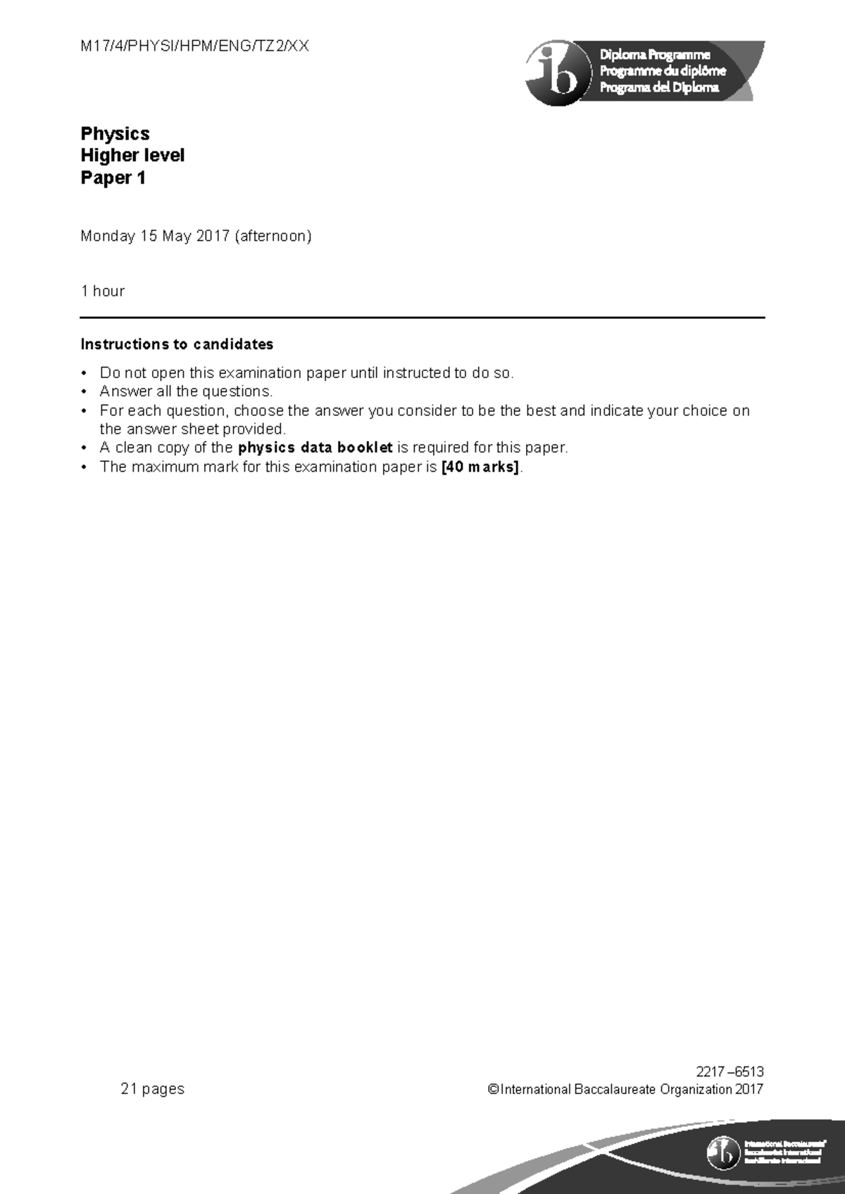 2017 May TZ2 Physics HL Paper 1 Exam Questions - Studocu
