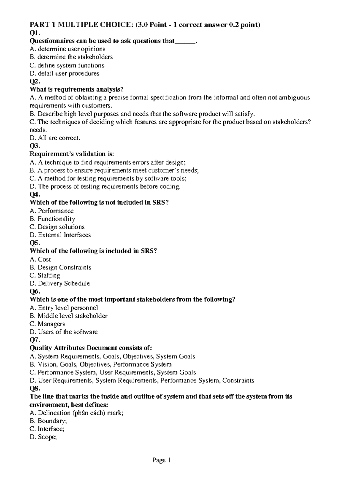 TEST 22112024 - Multiple Choice Questions & Requirements Analysis - Studocu