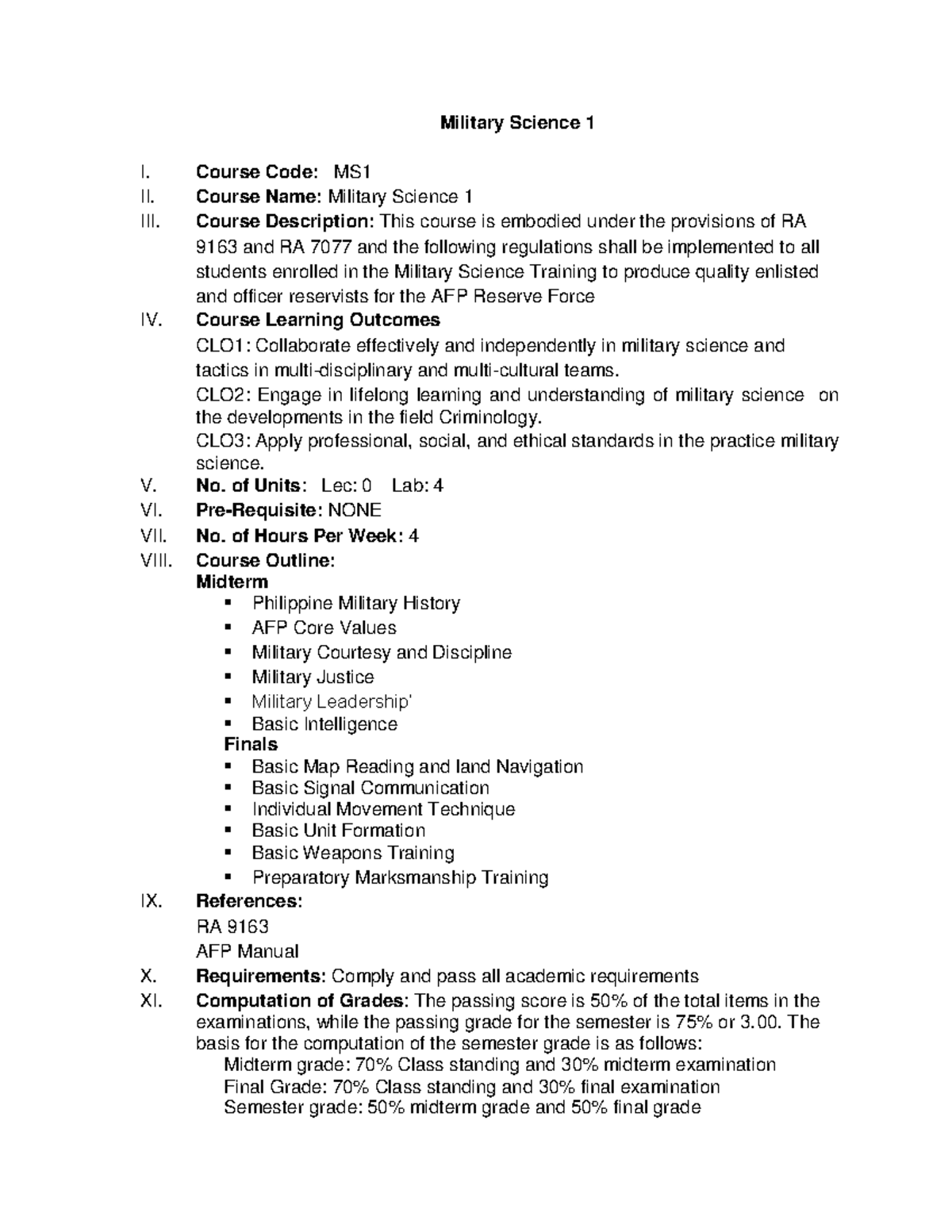 MS1 Military Science Course Outline: Midterm & Final Exam Details - Studocu