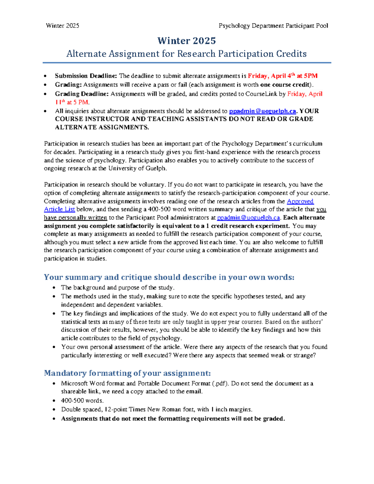 2025 Winter Alternative Assignment - Winter 2025 Psychology Department ...