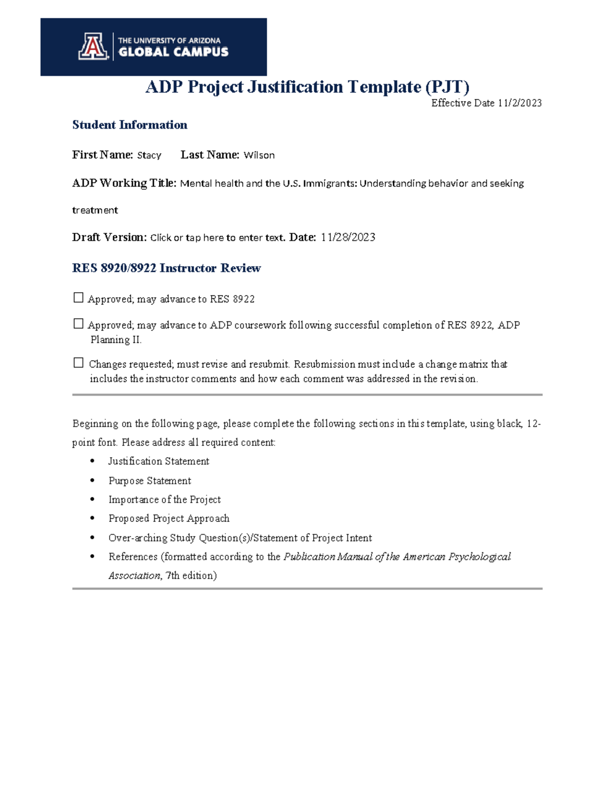 RES 8920/8922 ADP Project Justification: Mental Health & U.S ...
