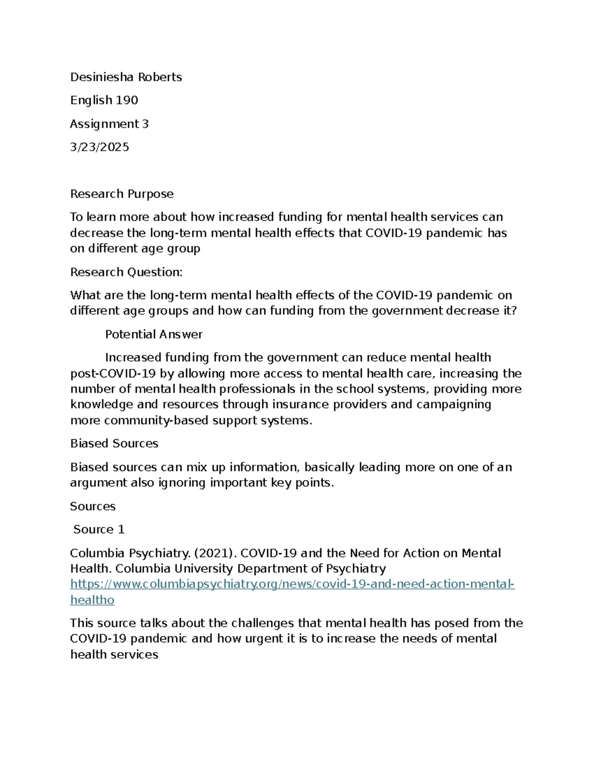 assignment 2345 - Desiniesha Roberts English 190 Assignment 3 3/23 ...