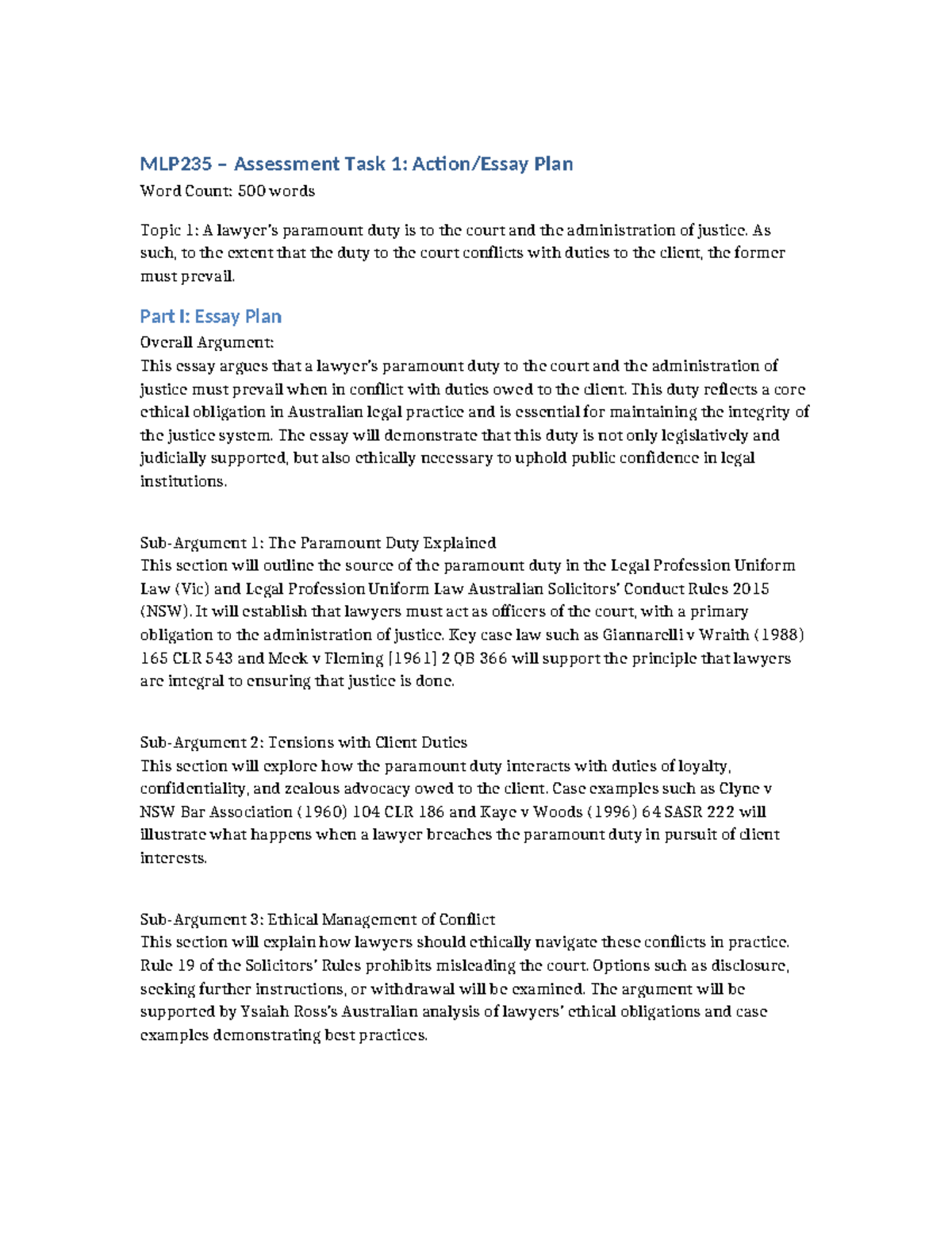 MLP235 Assessment Task 1: Essay Plan on Paramount Duty to Court - Studocu