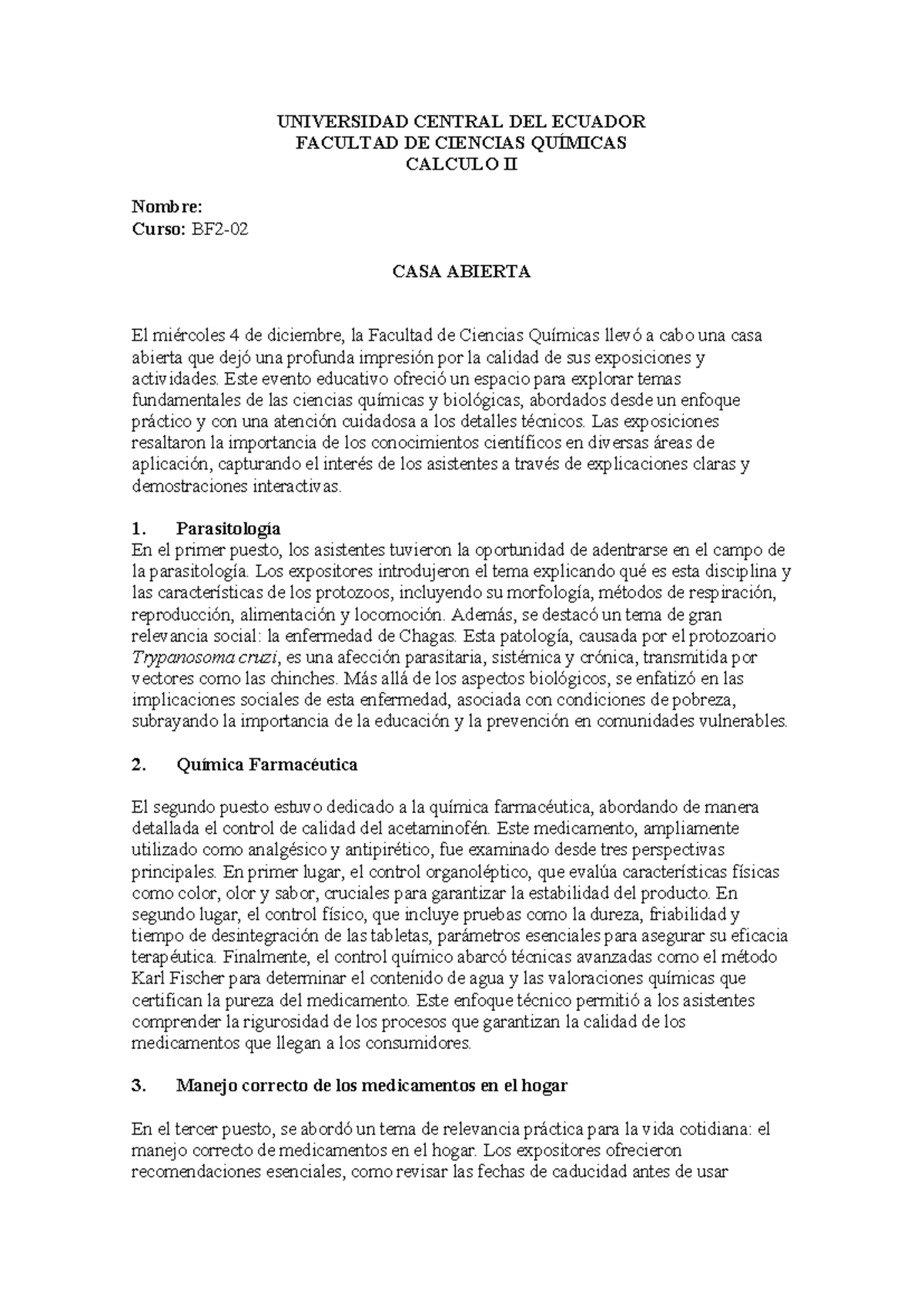 Informe de Actividades de la Facultad de Ciencias Químicas - Cálculo II ...