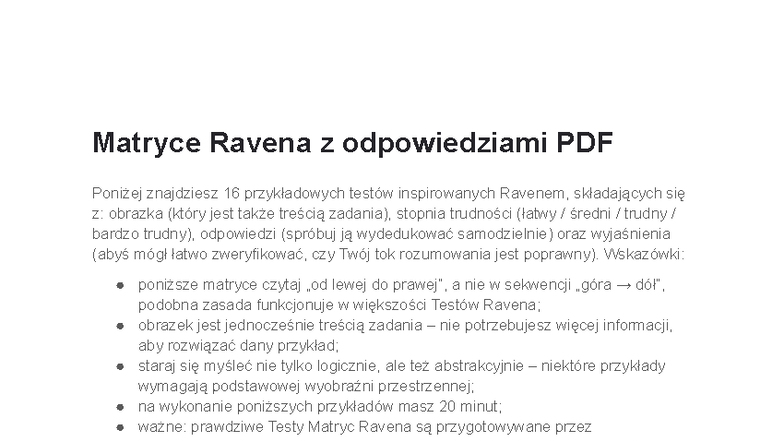 Matryce Ravena z odpowiedziami PDF - 16 przykładowych testów - Studocu