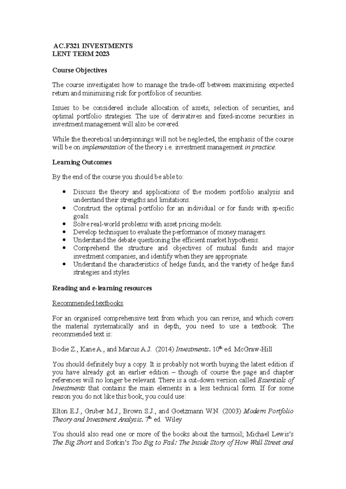 IM Course Synopsis - zzzzzzzzzzzzzzzzzzz - AC INVESTMENTS LENT TERM ...
