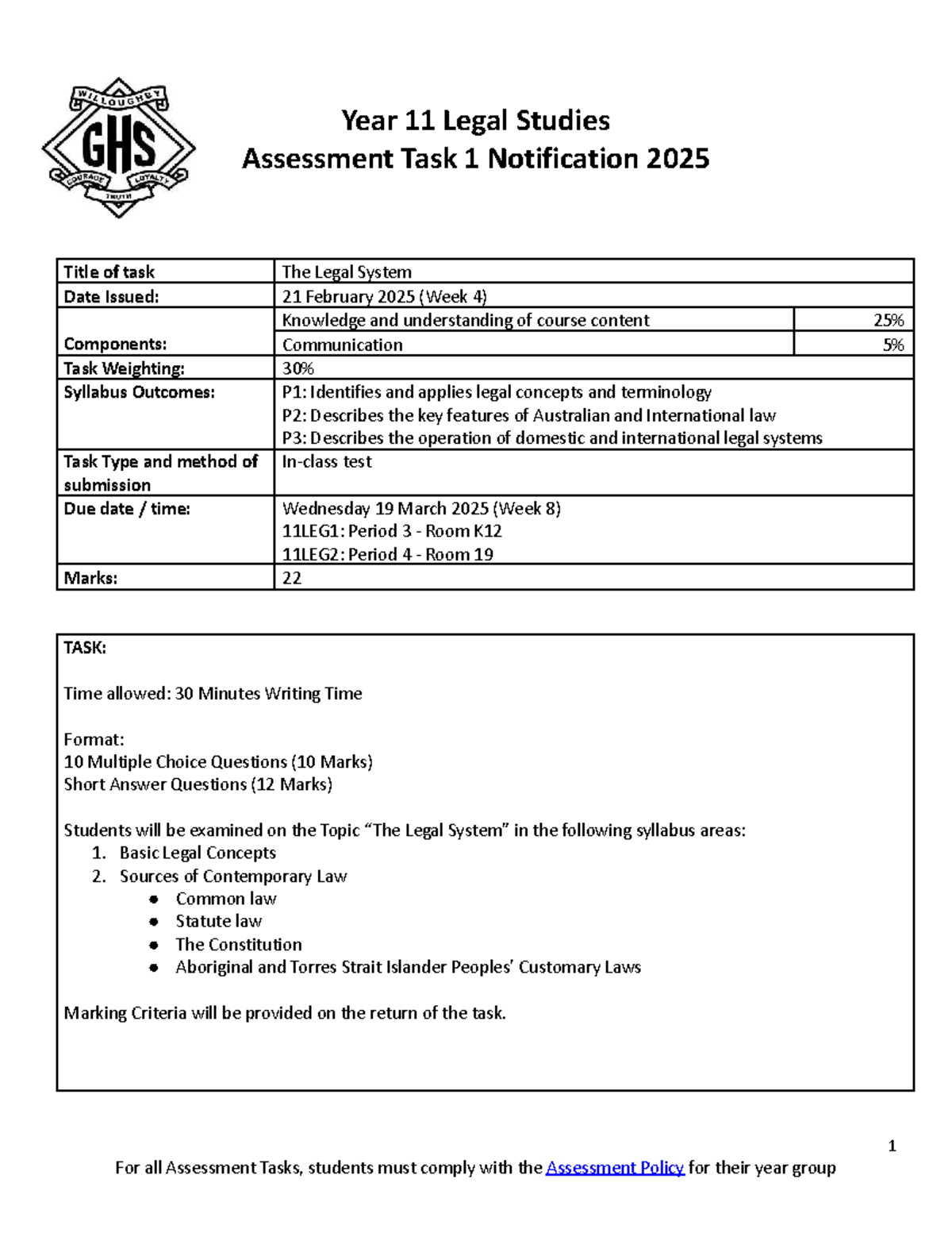 11LEG2: Year 11 Legal Studies Assessment Task 1 Notification 2025 - Studocu