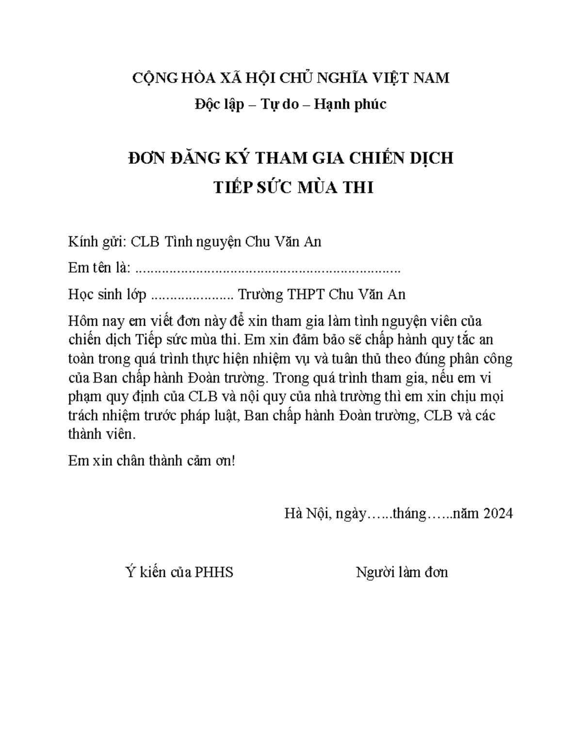 [TNH 24] ĐƠN ĐĂNG KÝ THAM GIA TIẾP SỨC MÙA THI - CỘNG HÒA XÃ HỘI CHỦ