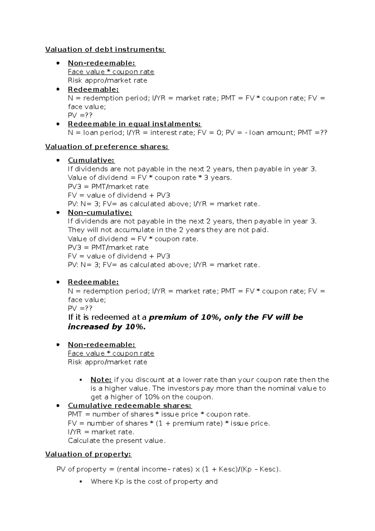 Valuation of Debt Instruments and Equity: BV Summary Notes - Studocu