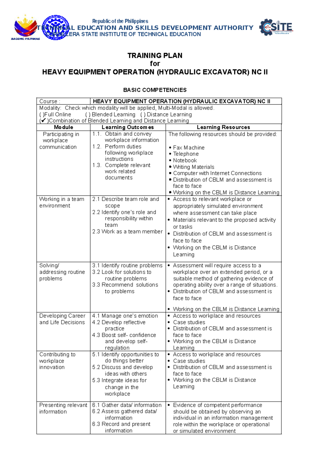 Training Plan for Heavy Equipment Operation (Hydraulic Excavator) NC II ...