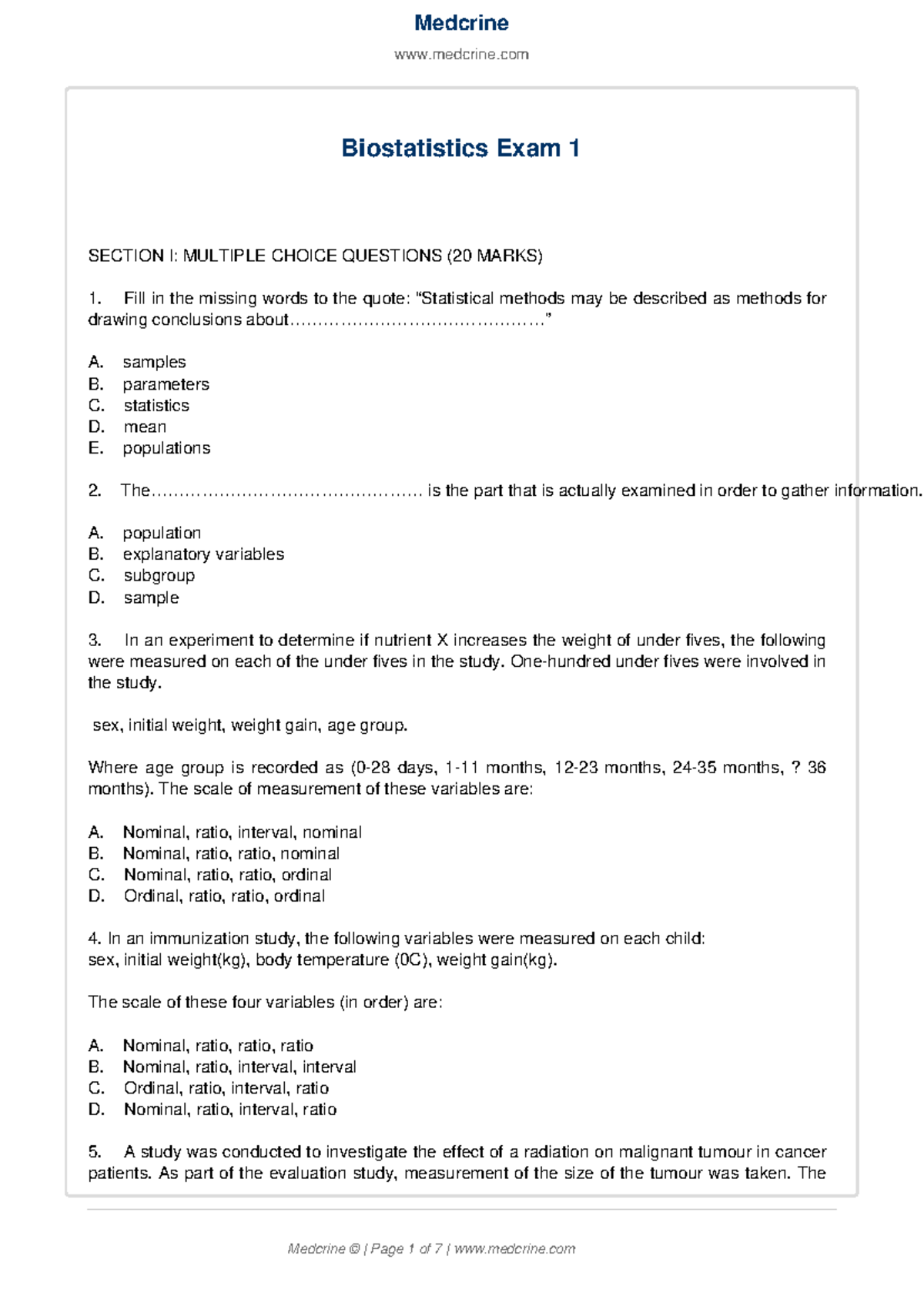 Biostatistics Exam 1 - Multiple Choice Questions - Studocu