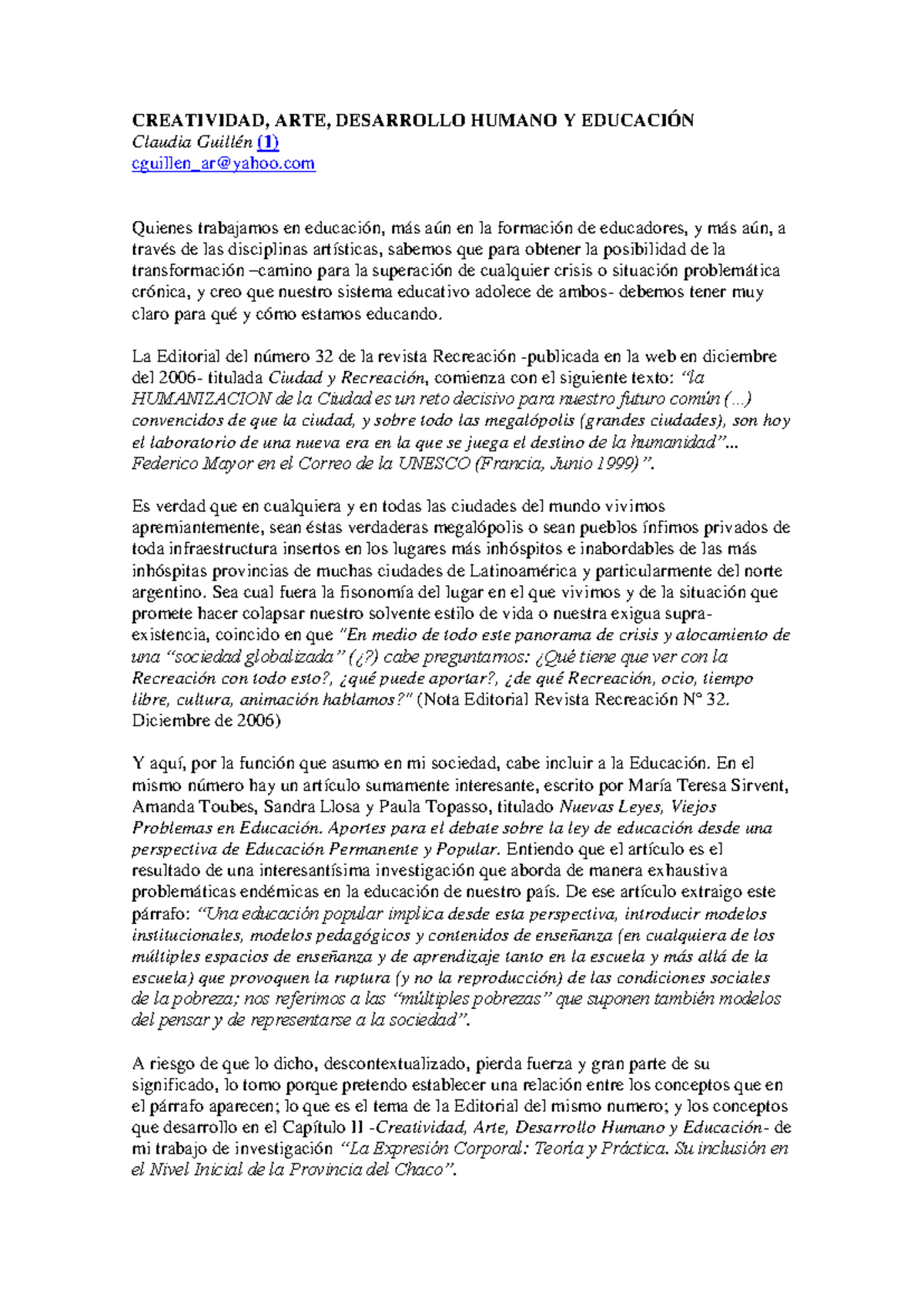 Creatividad y Educación: Arte y Desarrollo Humano en la Formación - Studocu