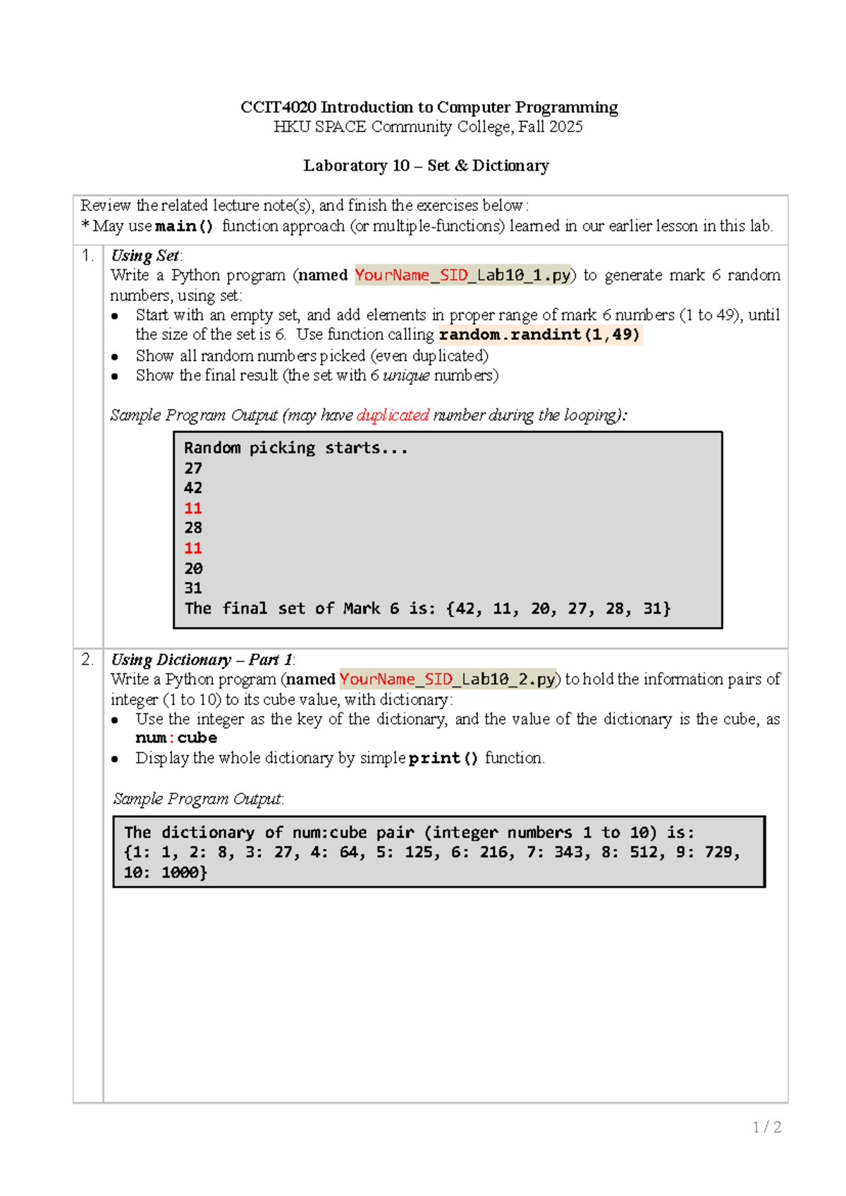 CCIT4020 Lab 10 - Set & Dictionary Exercises - Studocu