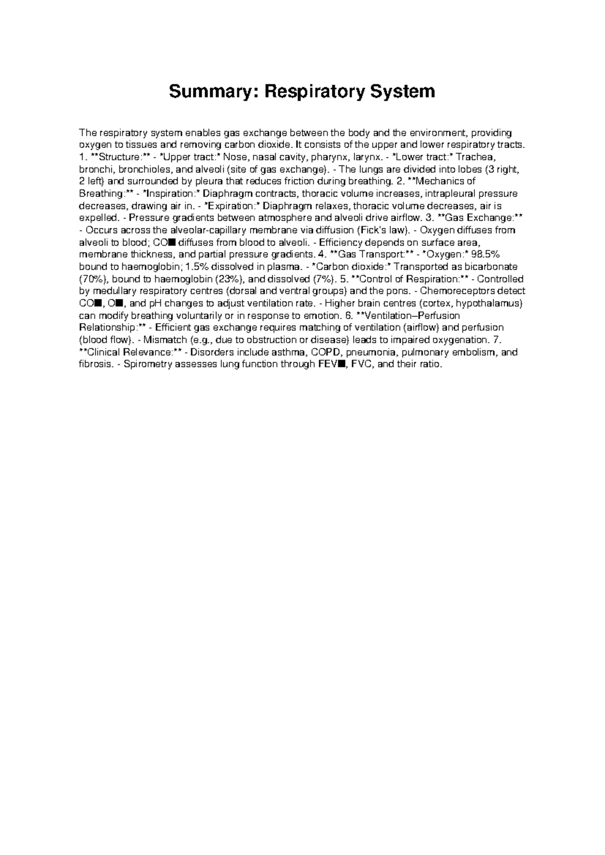 Respiratory System Summary: Key Concepts and Disorders - Studocu