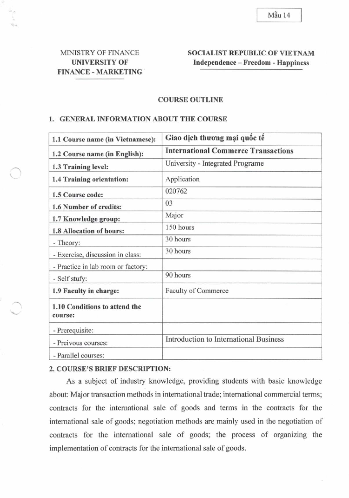International Commerce Transactions Course Outline - Code 03 - Studocu