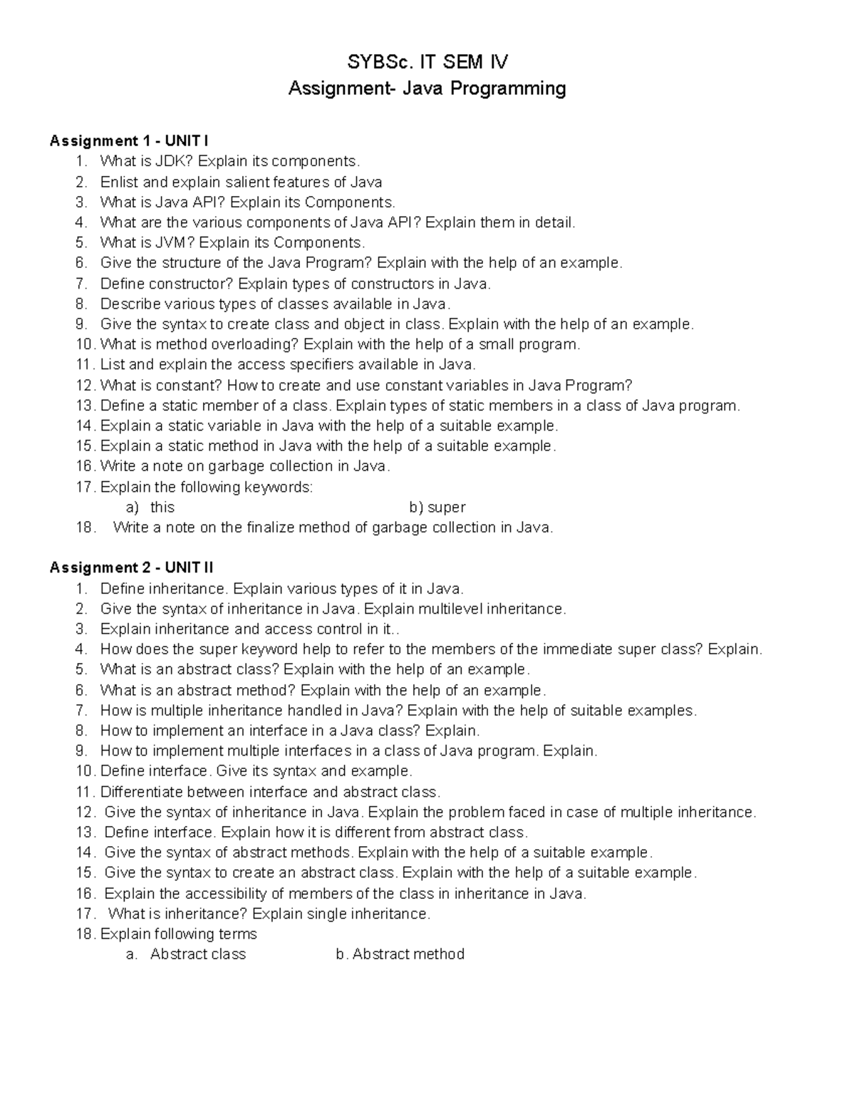 SYBSc. IT SEM IV Java Programming Assignment 1: Units 1-3 Overview ...