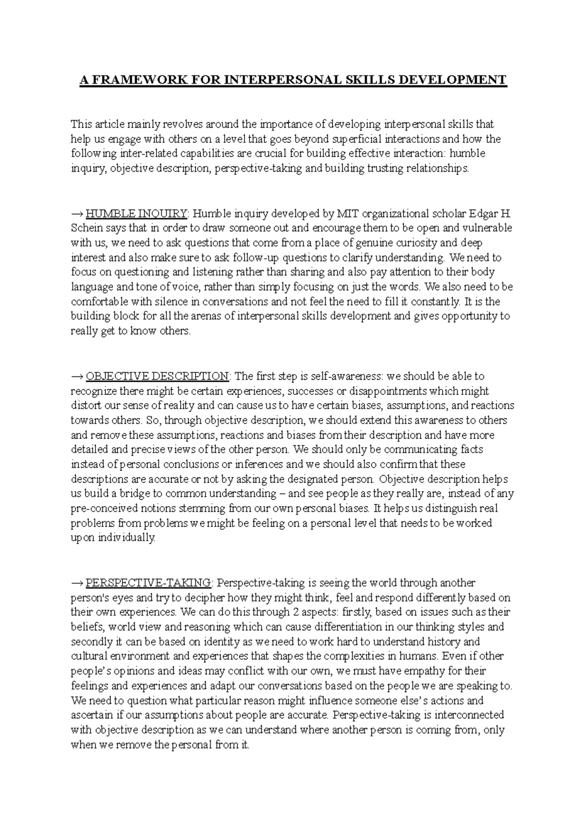 A Framework for Developing Interpersonal Skills: Key Insights - Studocu