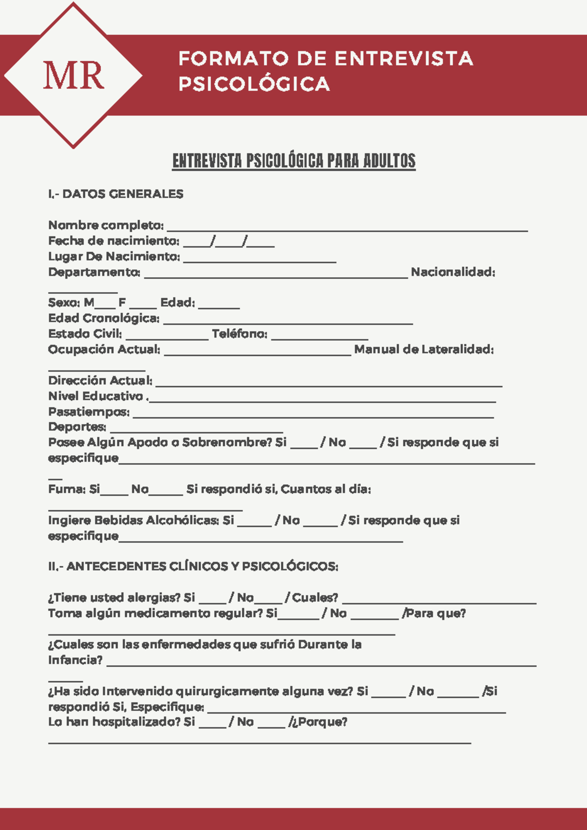 Formato de Entrevista Psicológica para Adultos: Guía Completa - Studocu