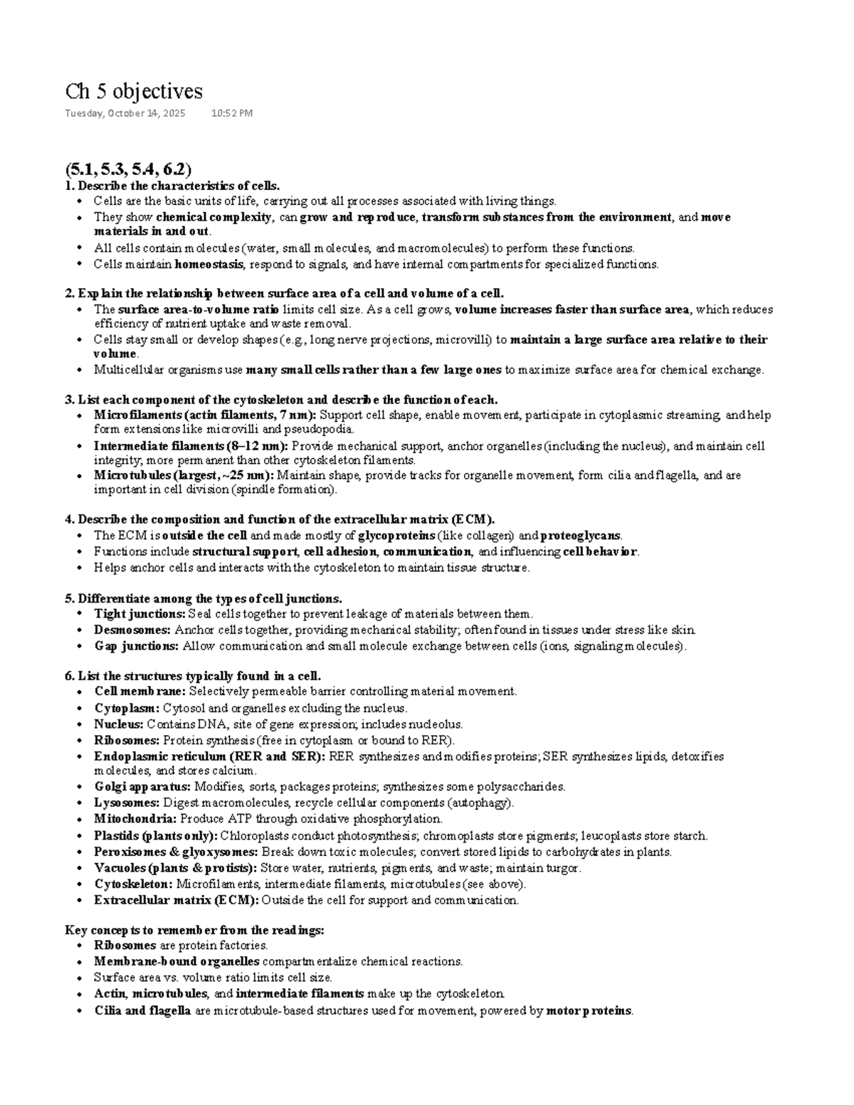 Ch 5 & 6.2 Objectives for Exam 2 - BISC 160 Study Guide - Studocu