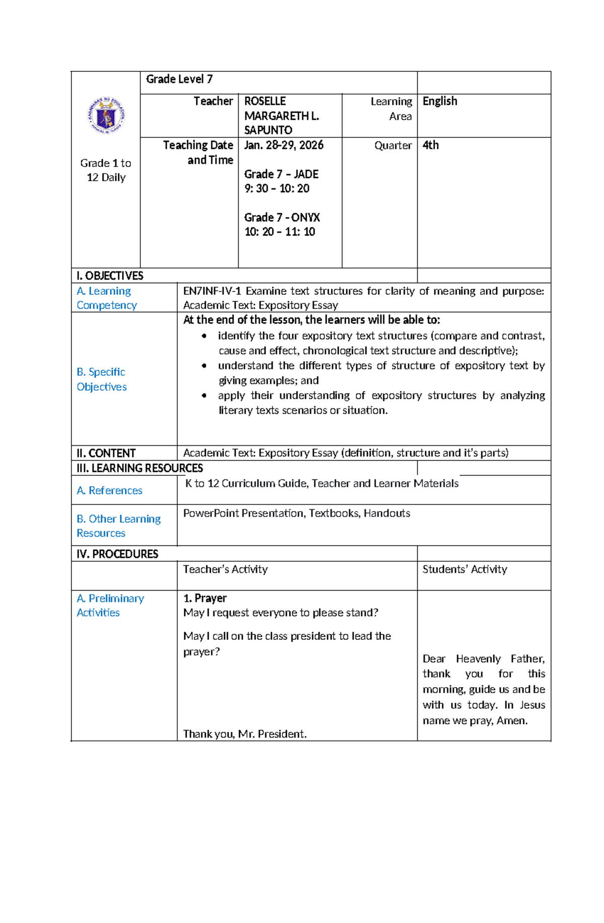 Grade 7 English Lesson Plan: Expository Text Structures - Studocu