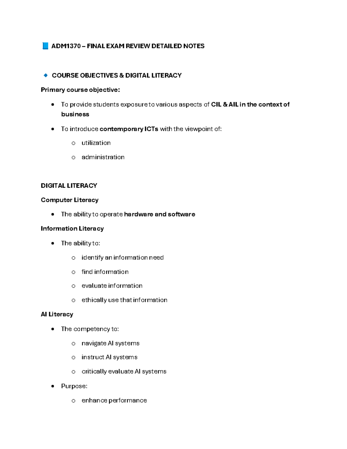 ADM1370 FINAL EXAM REVIEW: Comprehensive Notes on Digital Literacy ...