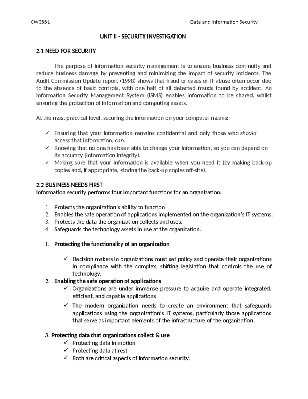 UNIT II - DIS 2 Security Investigation Notes on Threats & Functions ...