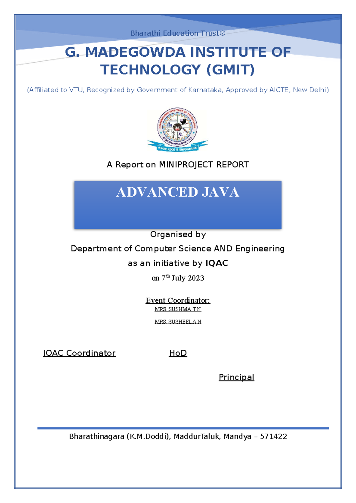 Mini Project Report on Advanced Java - GMIT (4MG21CS) - Studocu