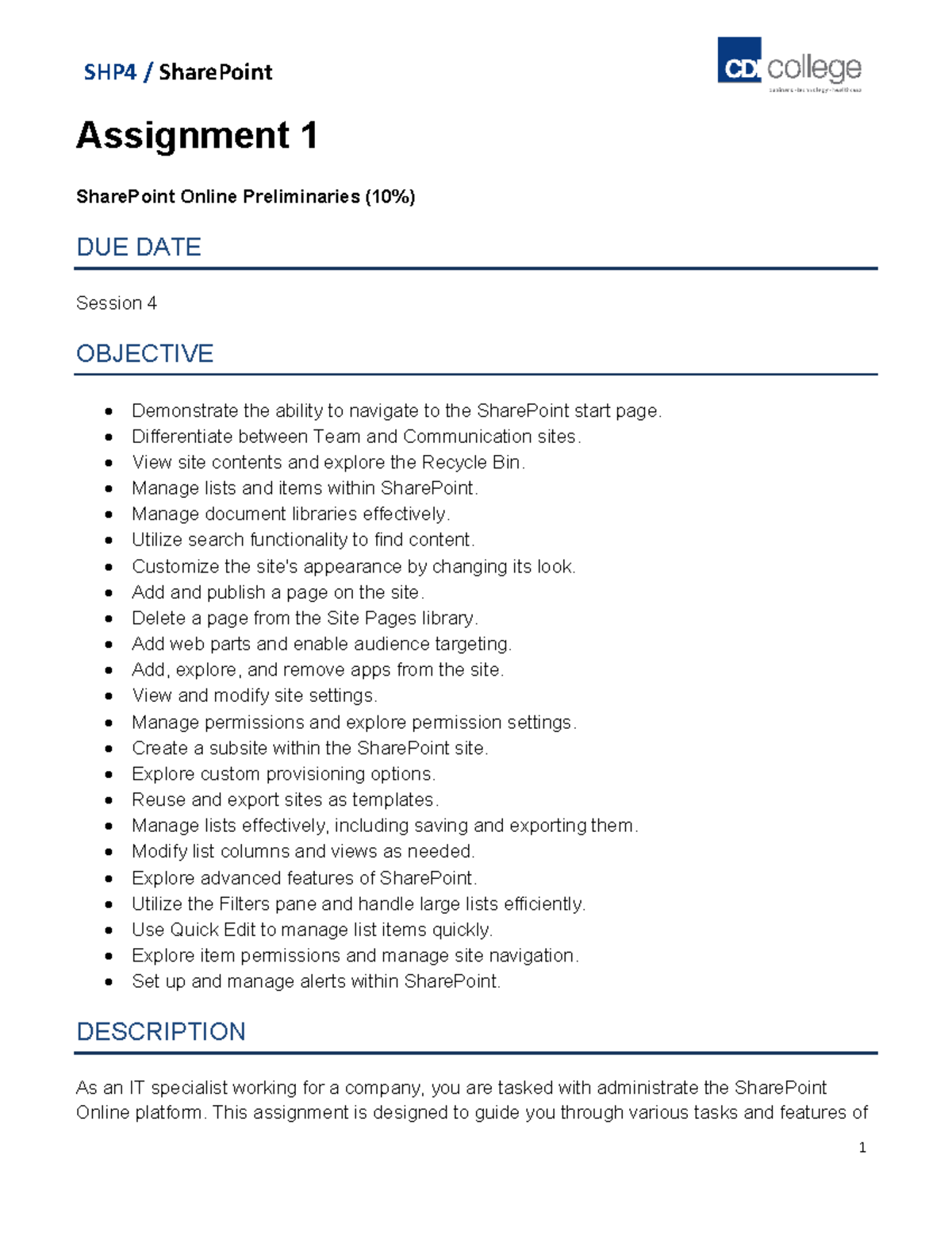 SHP4 Assignment 1: SharePoint Online Preliminaries Guide - Studocu