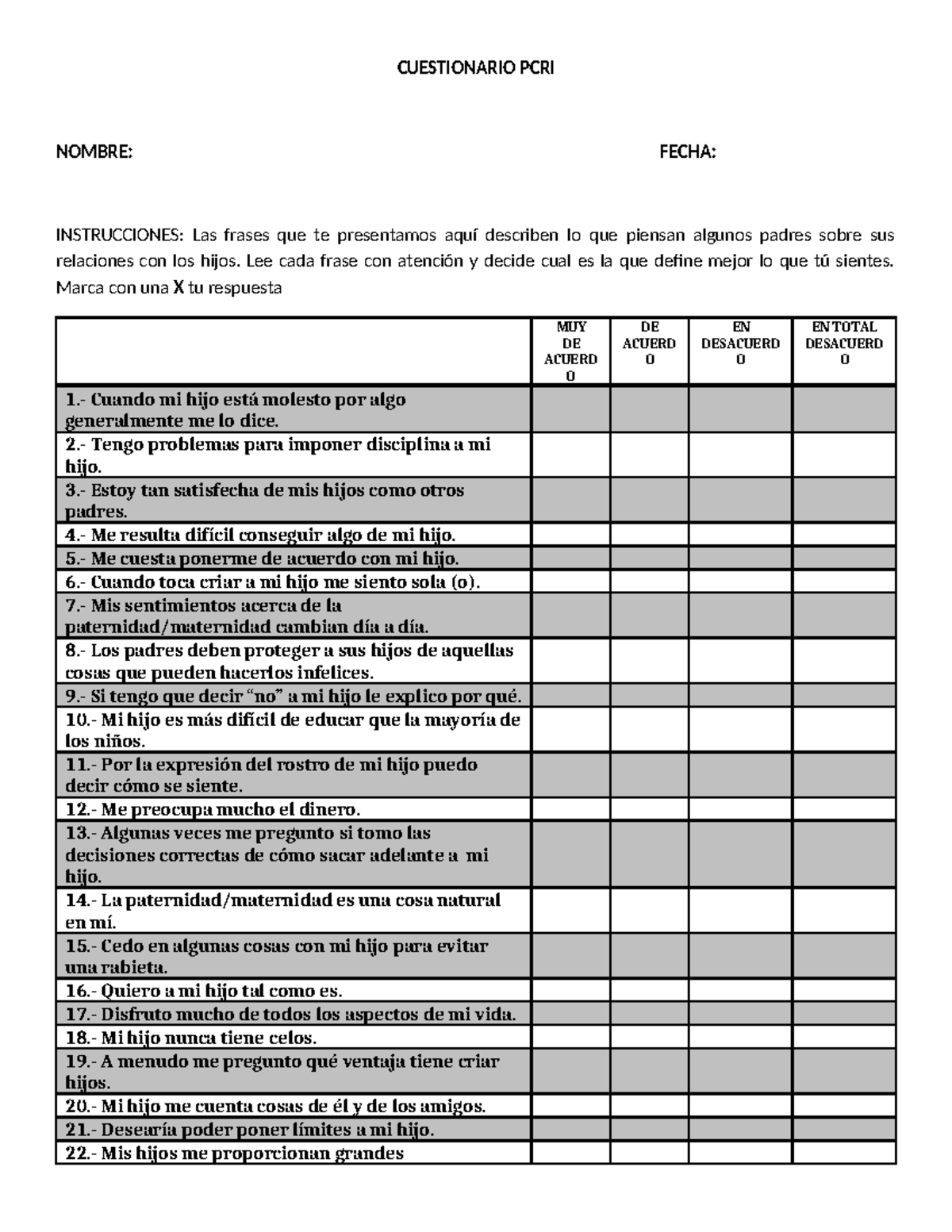 Cuestionario PCRI: Evaluación de Relaciones Padres-Hijos - Document Preview