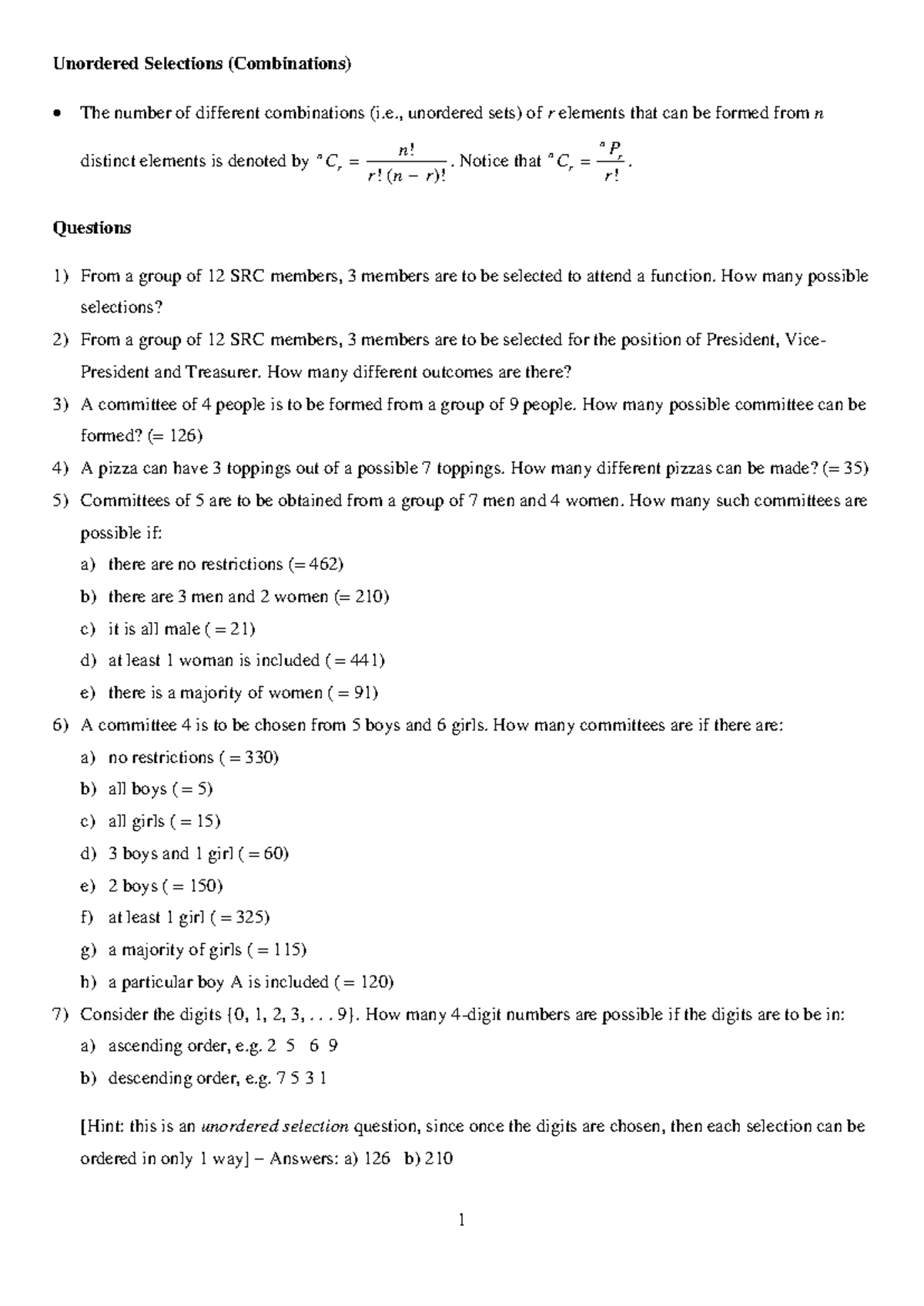 Maths Ex1: Selections from Permutations & Combinations - Studocu