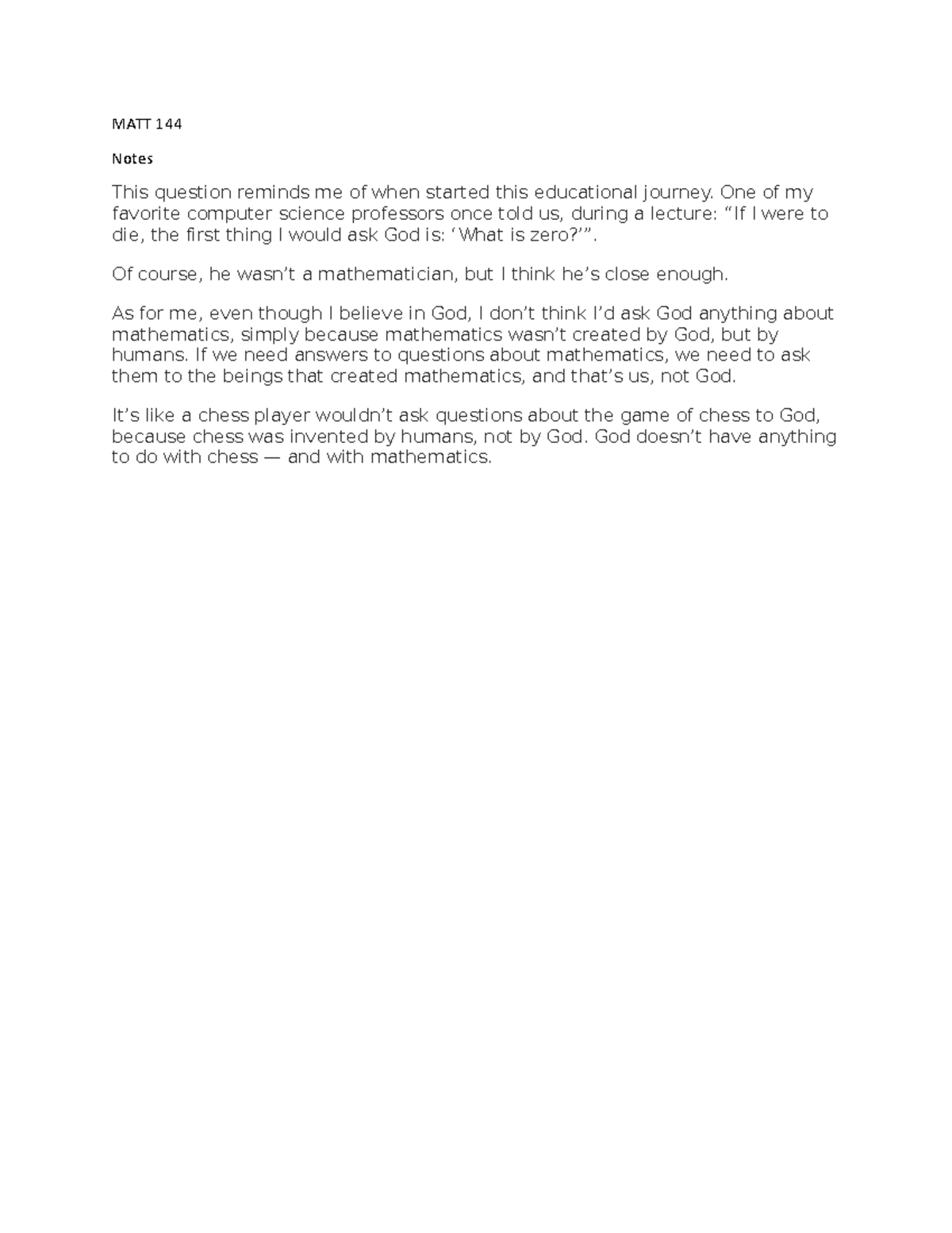 MATT 144 Lecture Notes: Reflections on Mathematics and Creation - Studocu