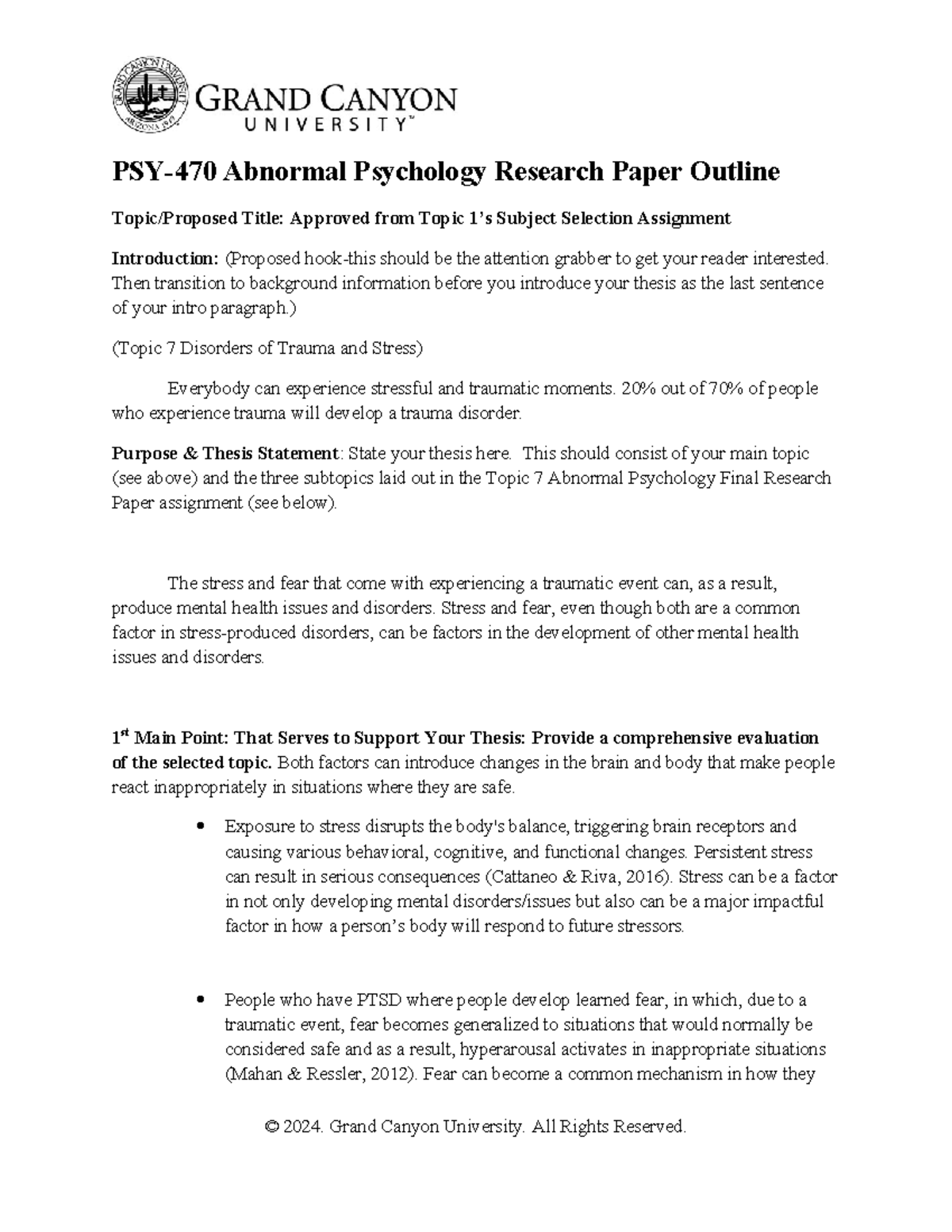 PSY-470 Final Research Paper Outline on Trauma and Stress Disorders ...