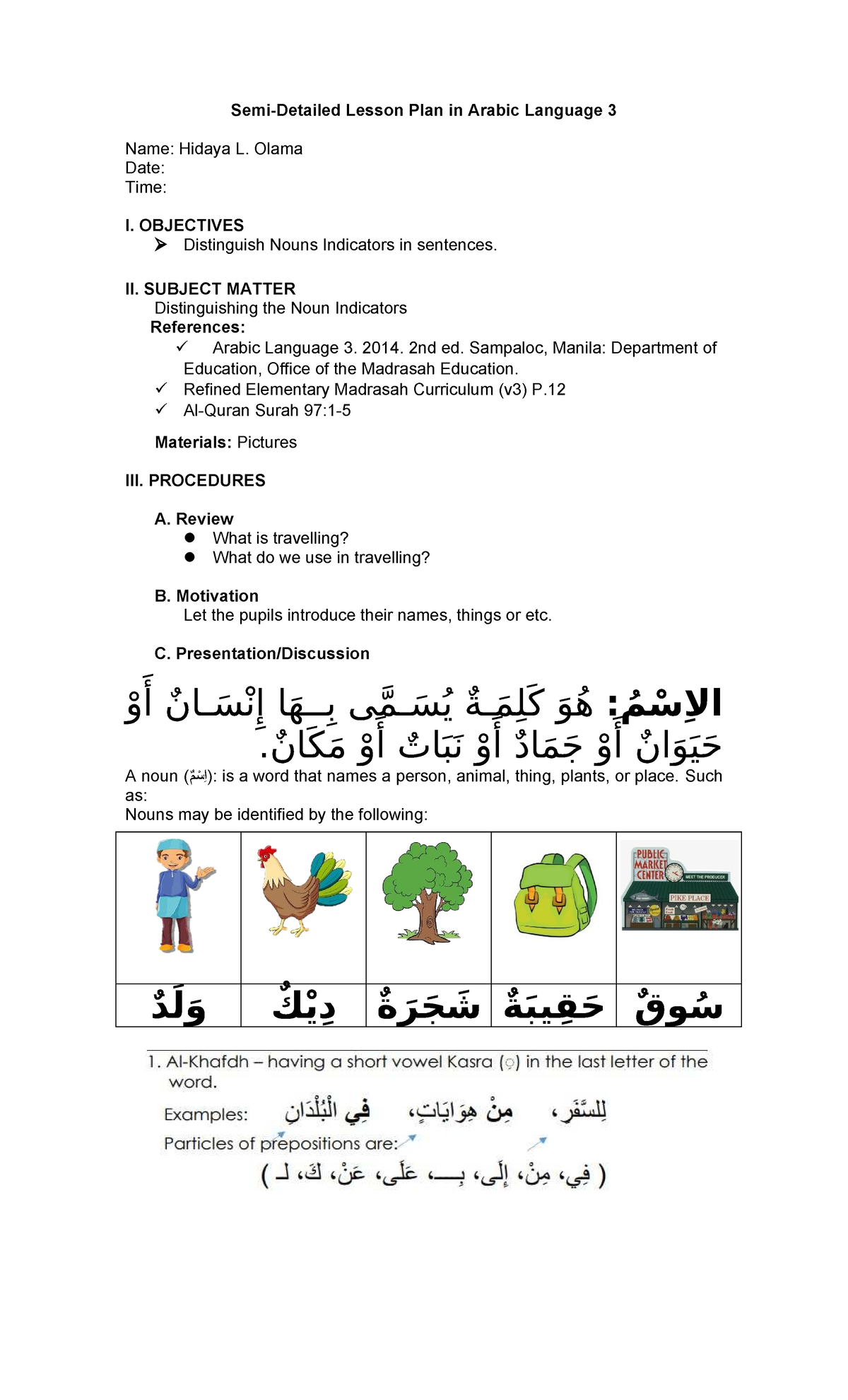 G3 Q1 W2 - Semi-Detailed Lesson Plan for Arabic Language 3 - Studocu