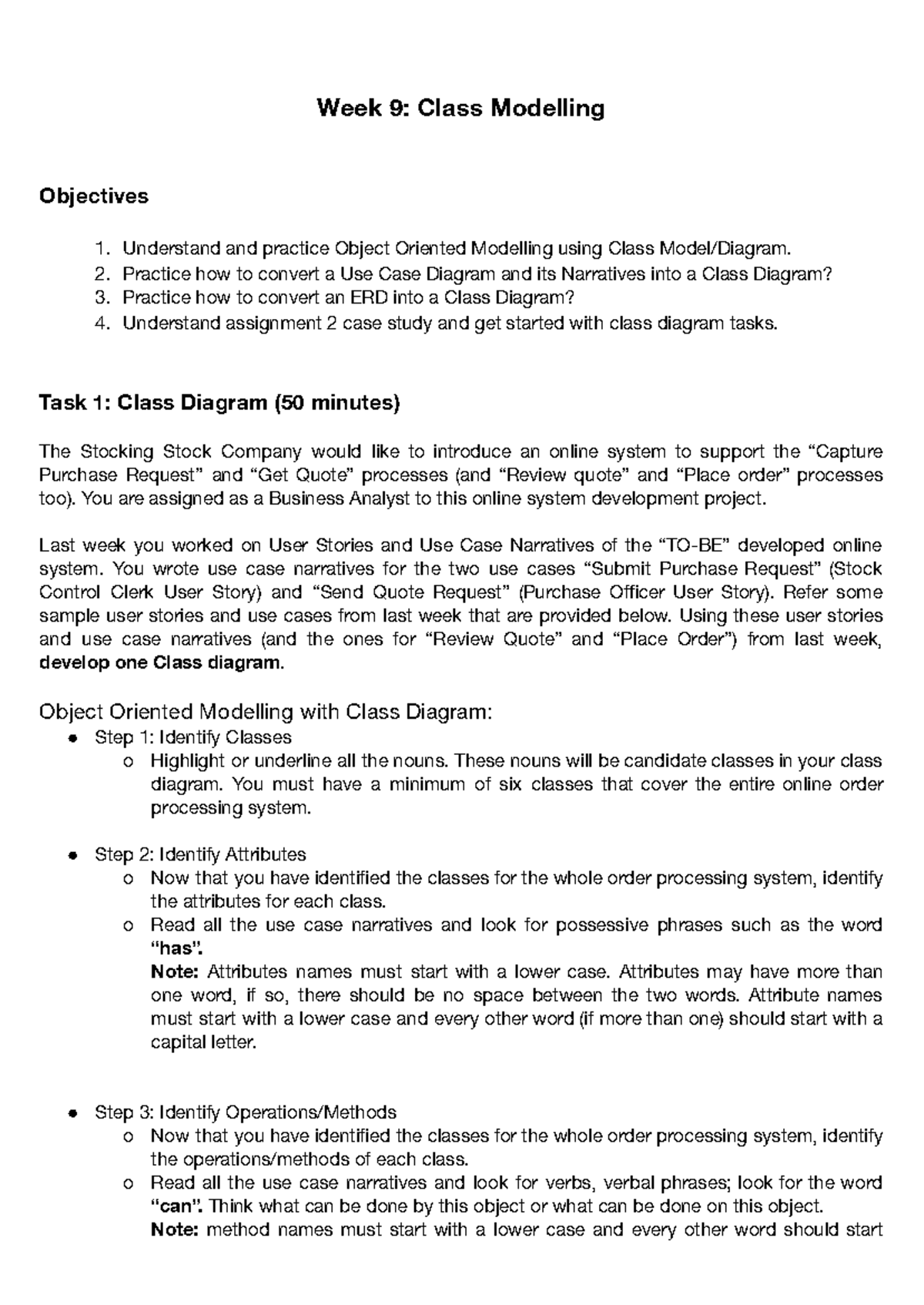Week 9 Tute Tasks: Class Modelling Exercises and Guidelines - Studocu