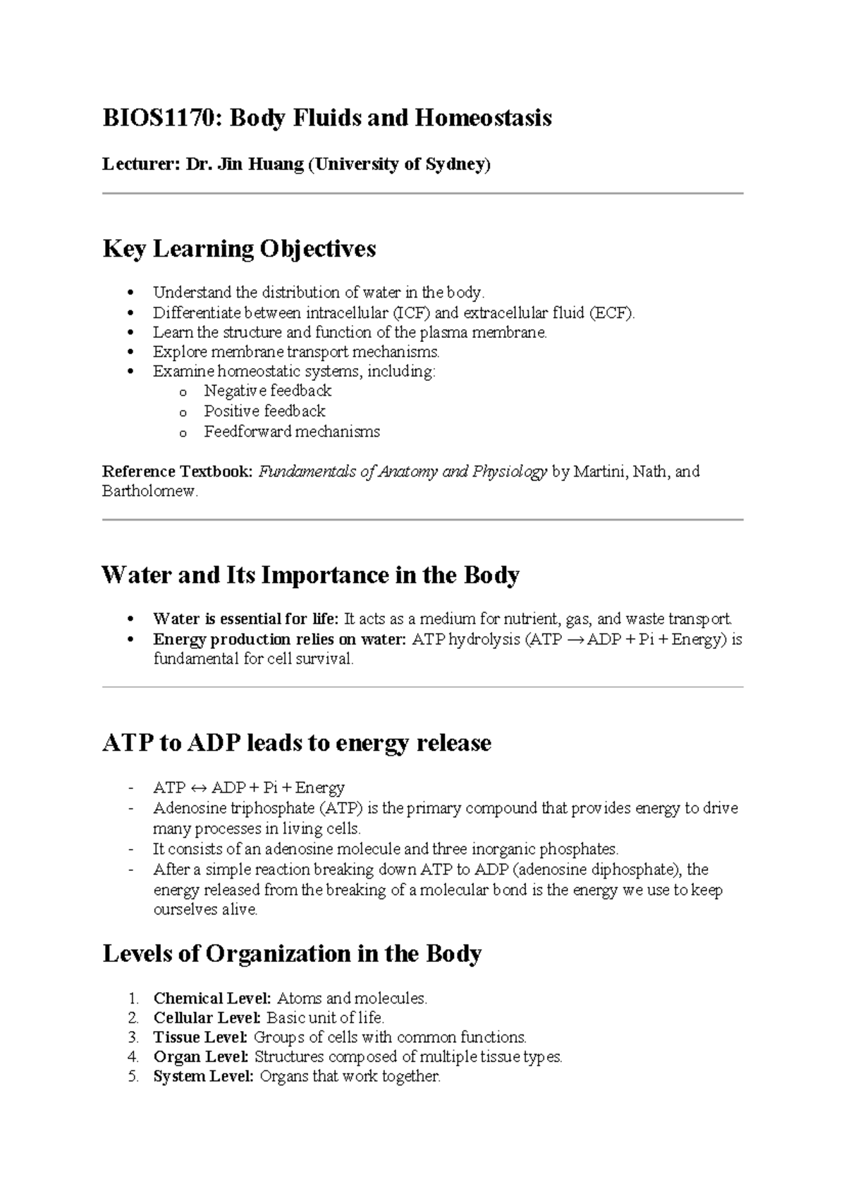 BIOS1170 - Body Fluids and Homeostasis Overview with Key Concepts - Studocu