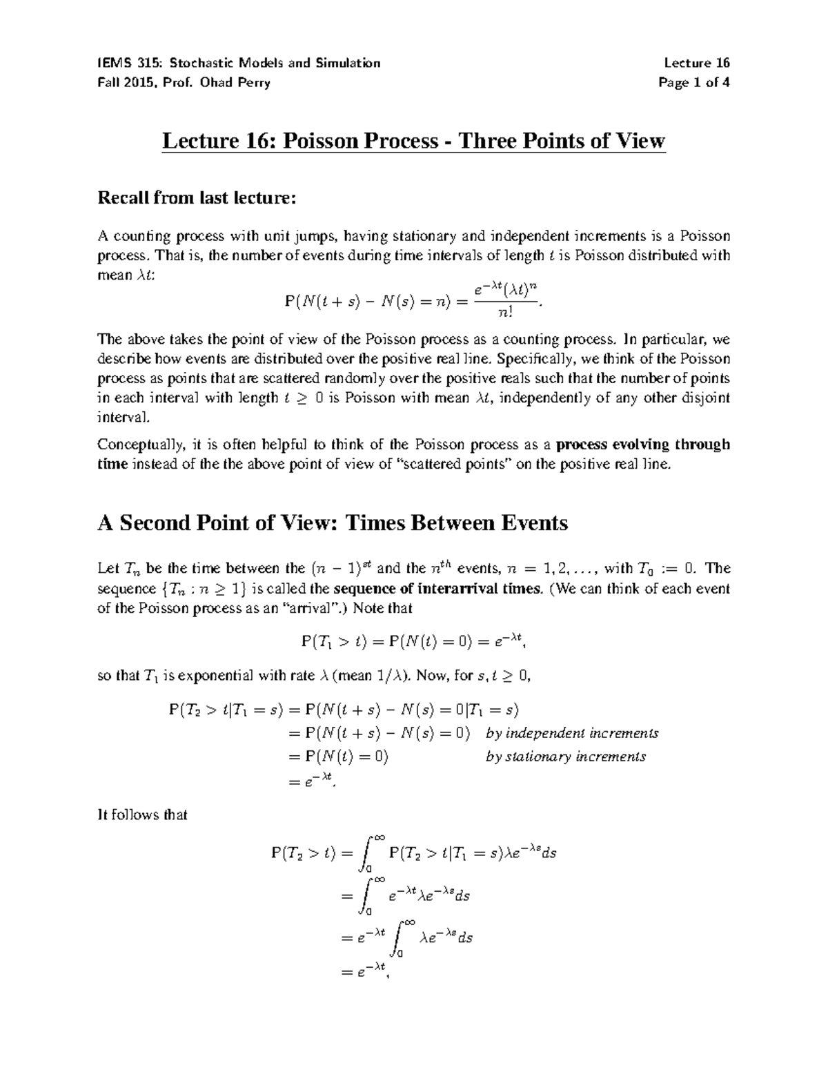 IEMS 315 - Lecture 16: Poisson Process Overview and Key Concepts - Studocu