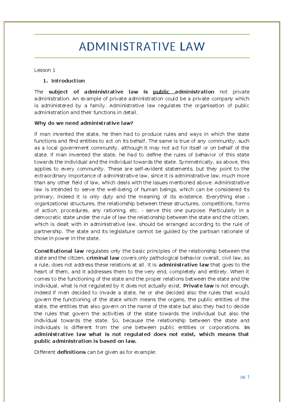 ADMINISTRATIVE LAW Lesson 1: Introduction to Public Administration ...