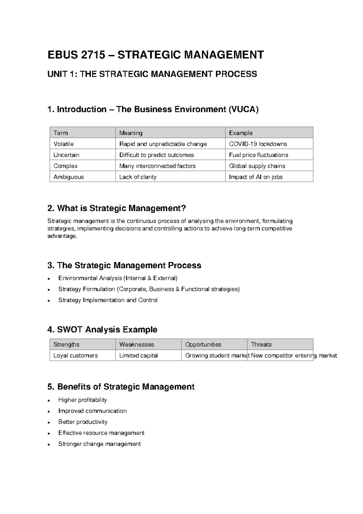 EBUS 2715 Strategic Management Unit 1: Process & Analysis Notes - Studocu