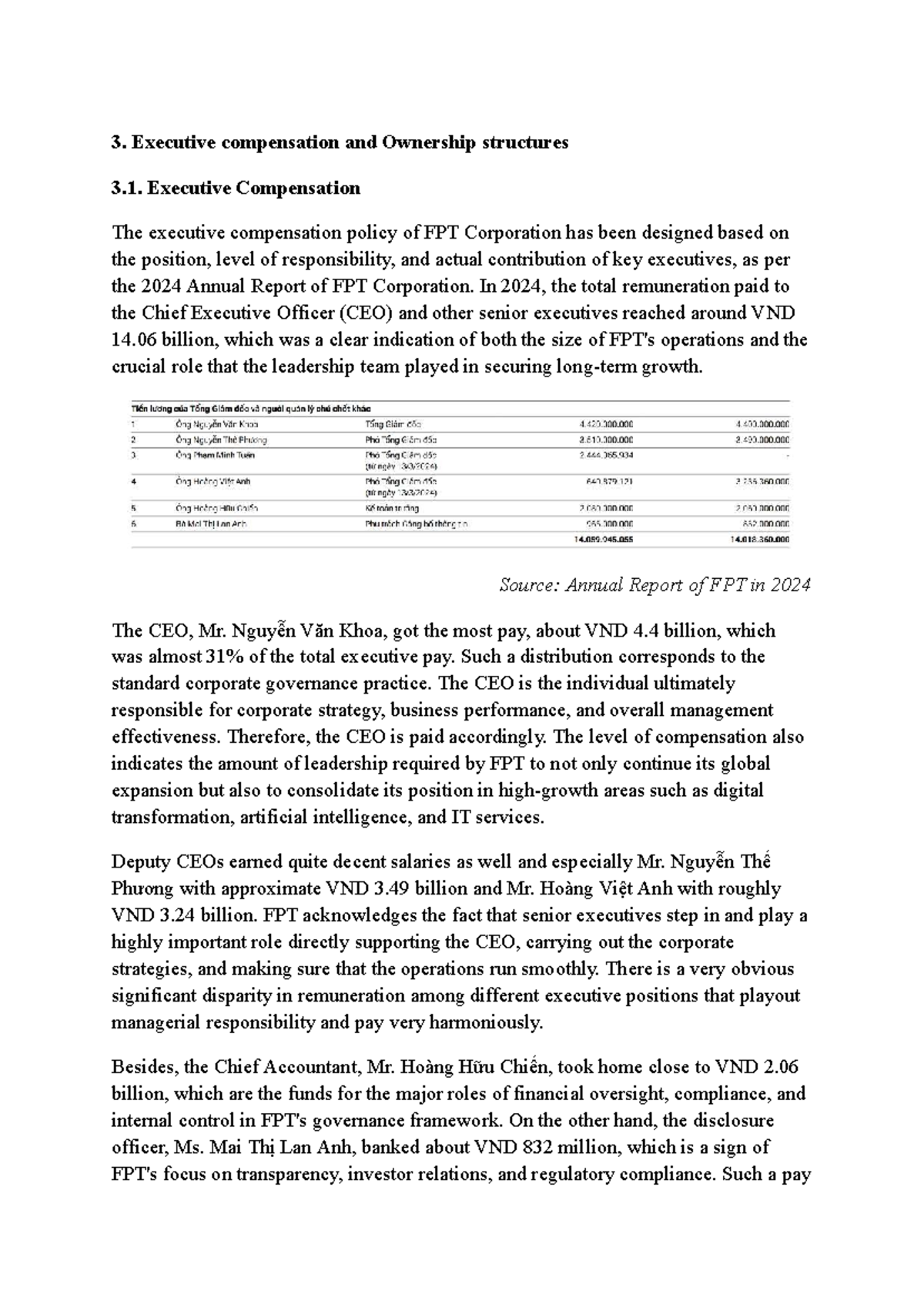 3.1. Executive Compensation & 3.2. Ownership Structures Analysis - FPT ...