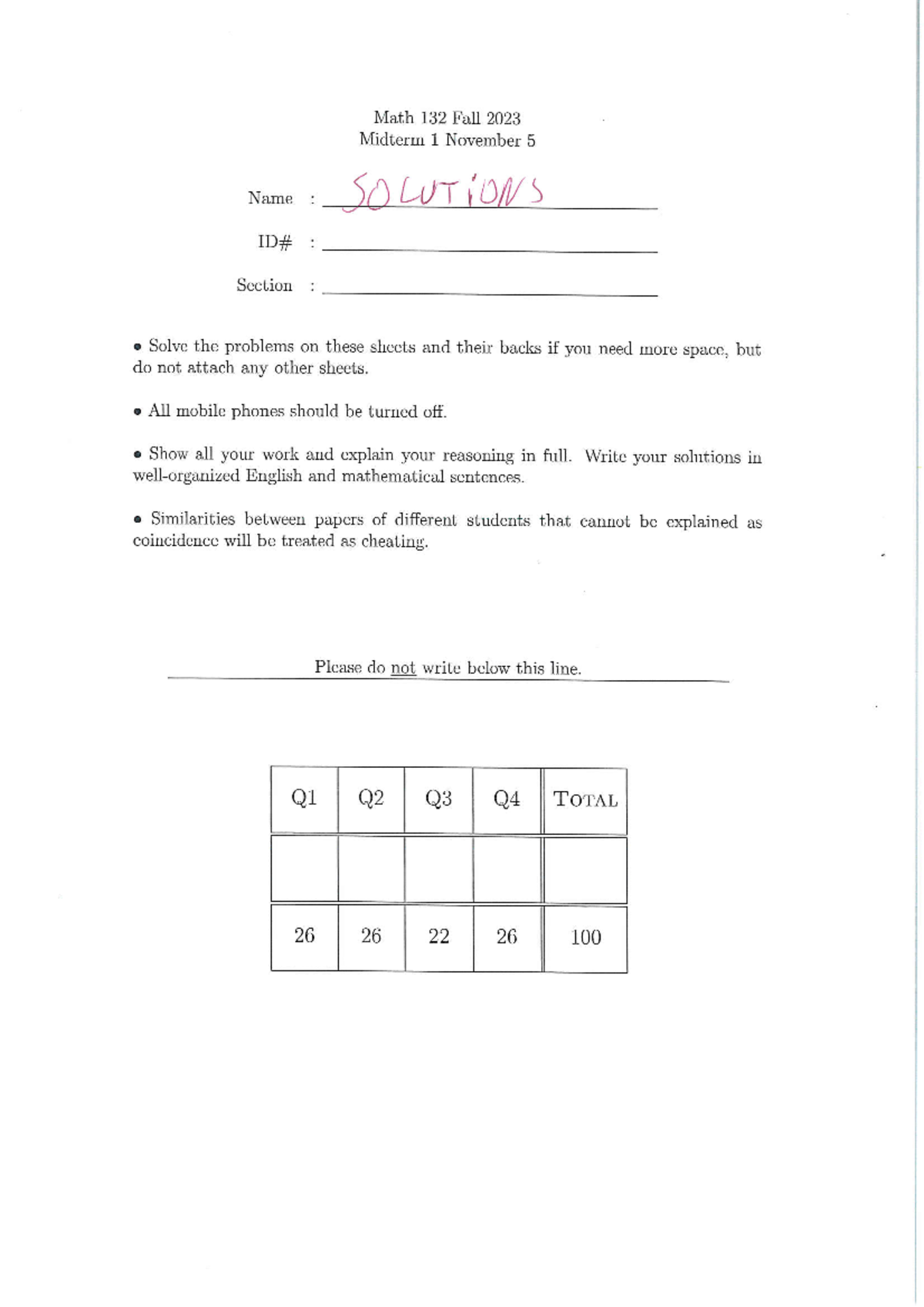 Midterm 1 solutions - past exam - Math 132 Fall 2023 Midterm 1 November ...