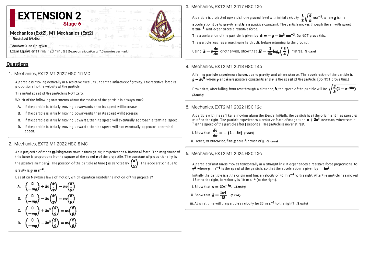 Resisted Motion Mechanics, EXT2 M1 2025 HSC Questions & Answers - Studocu