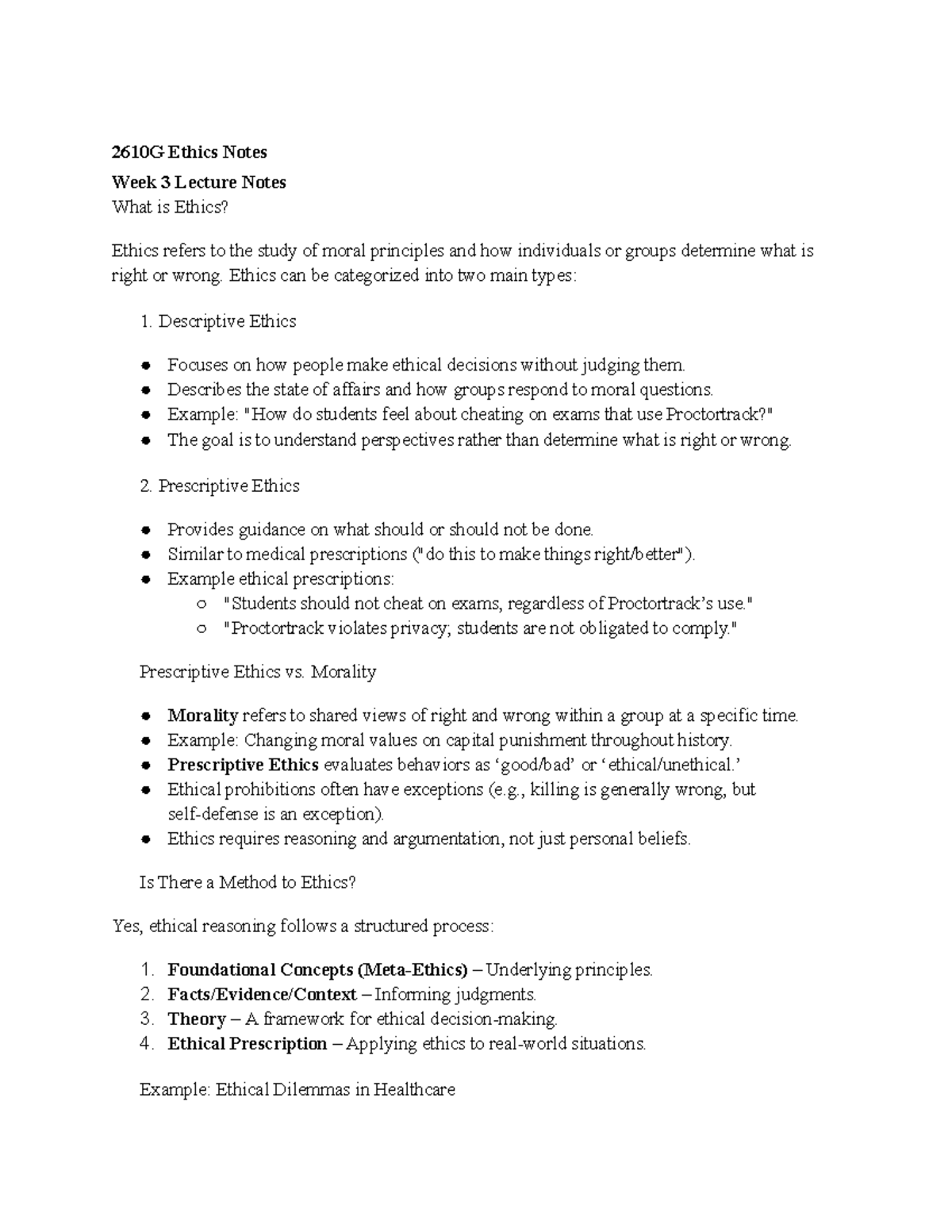 HS 2610G Week 3 Ethics Lecture Notes: Key Concepts and Theories - Studocu
