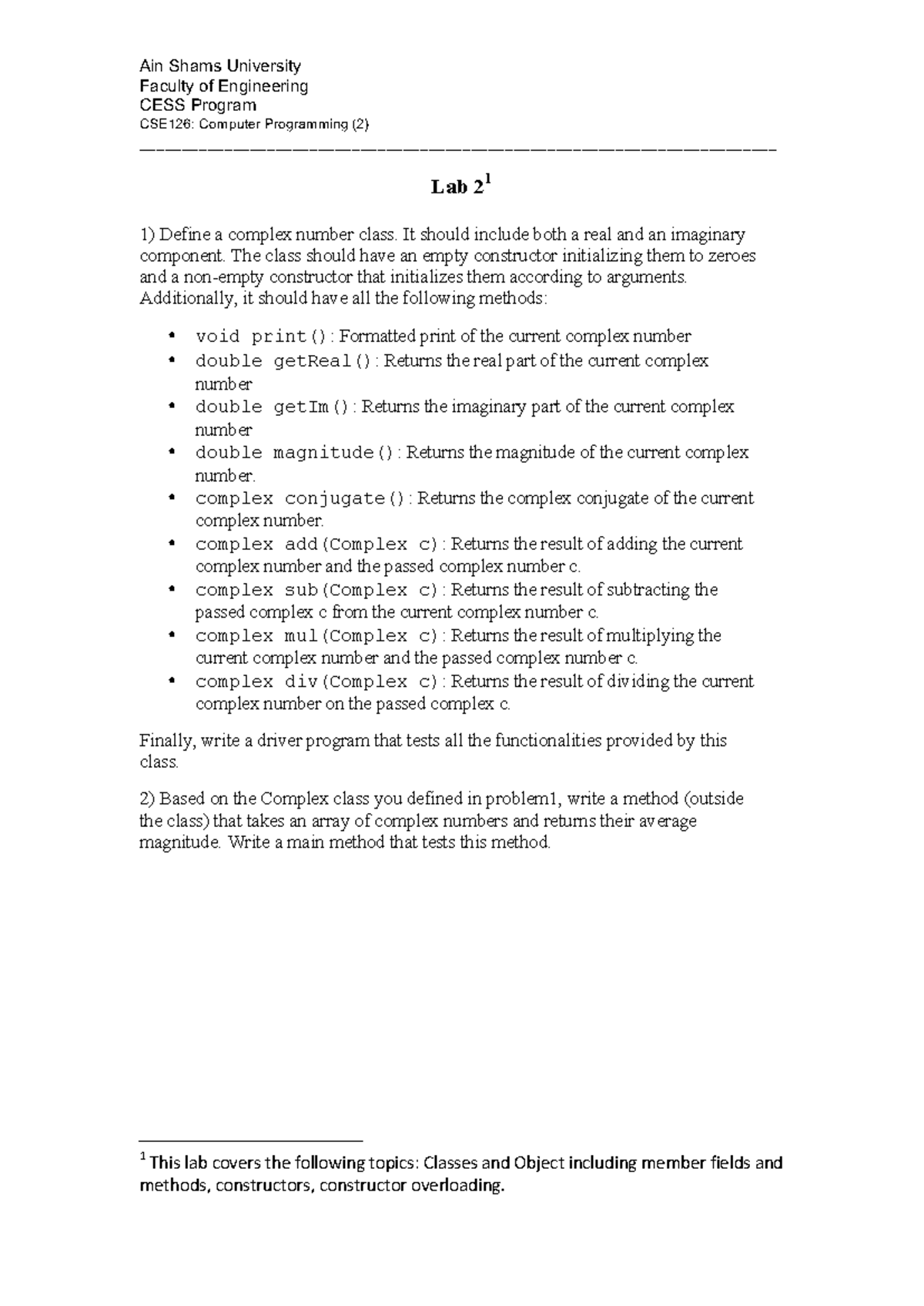 CSE126 Lab 21: Complex Number Class Implementation & Testing Guide ...