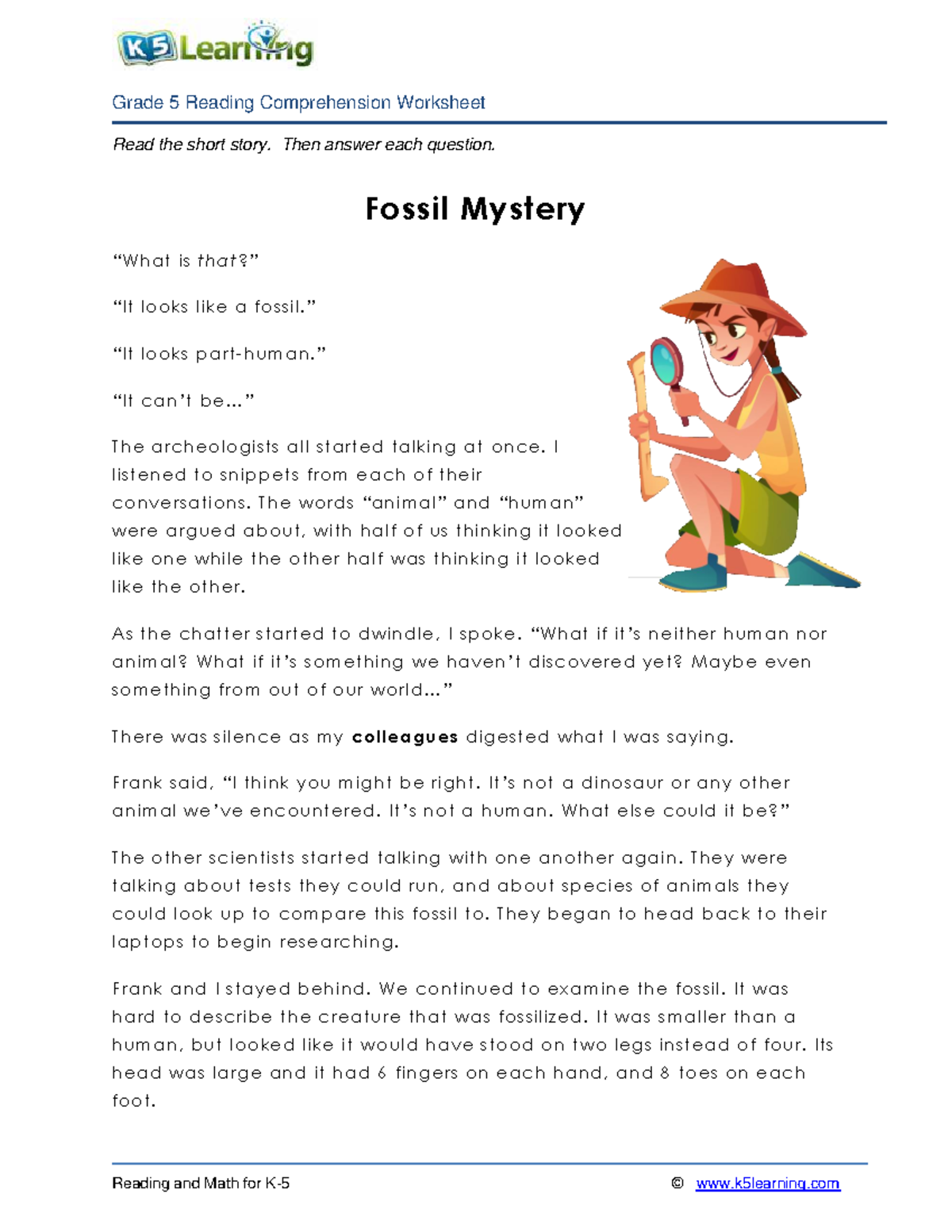 5th grade 5 reading fossil mystery - Read the short story. Then answer ...