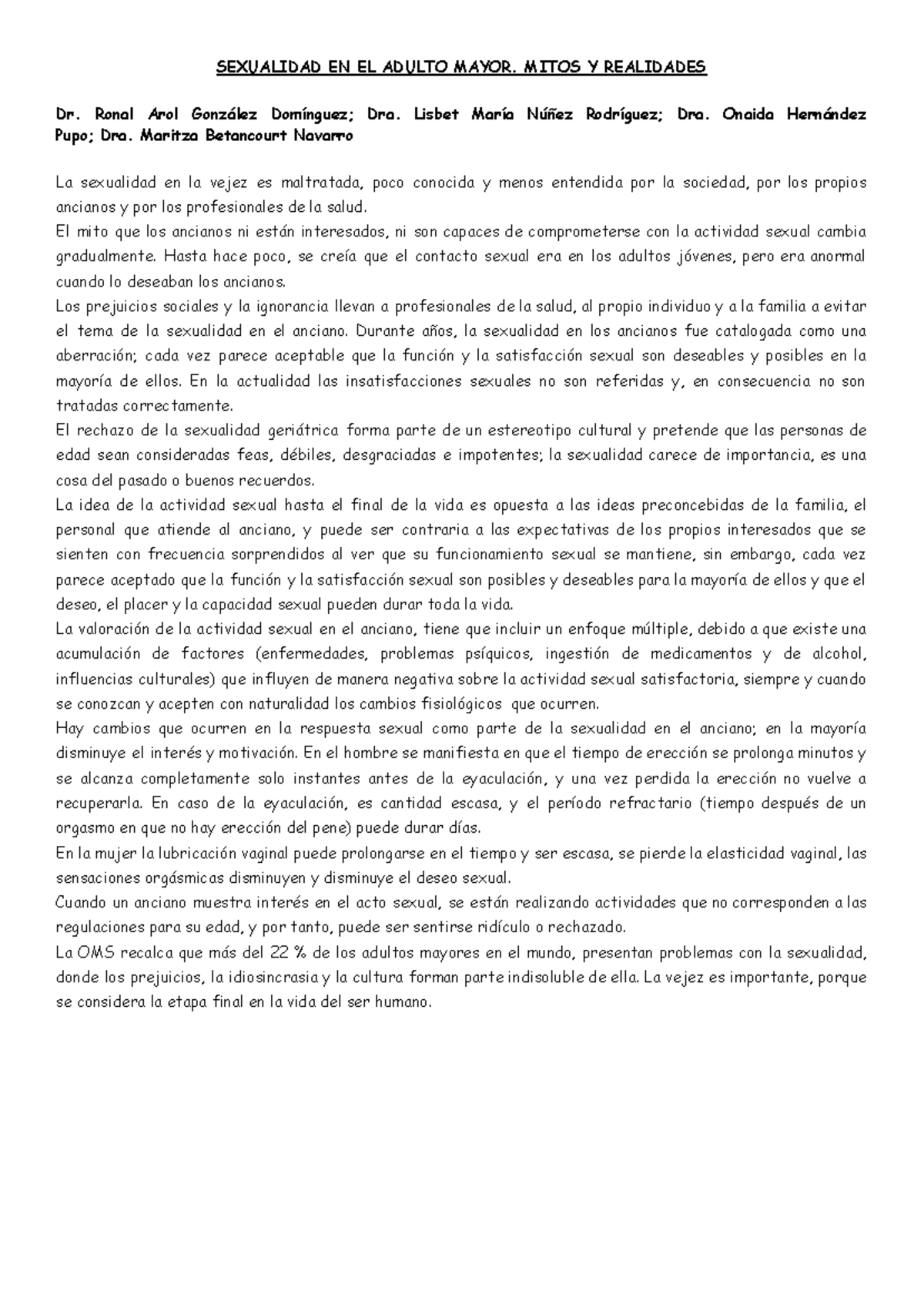 SEXUALIDAD EN EL ADULTO MAYOR: MITOS Y REALIDADES - Studocu