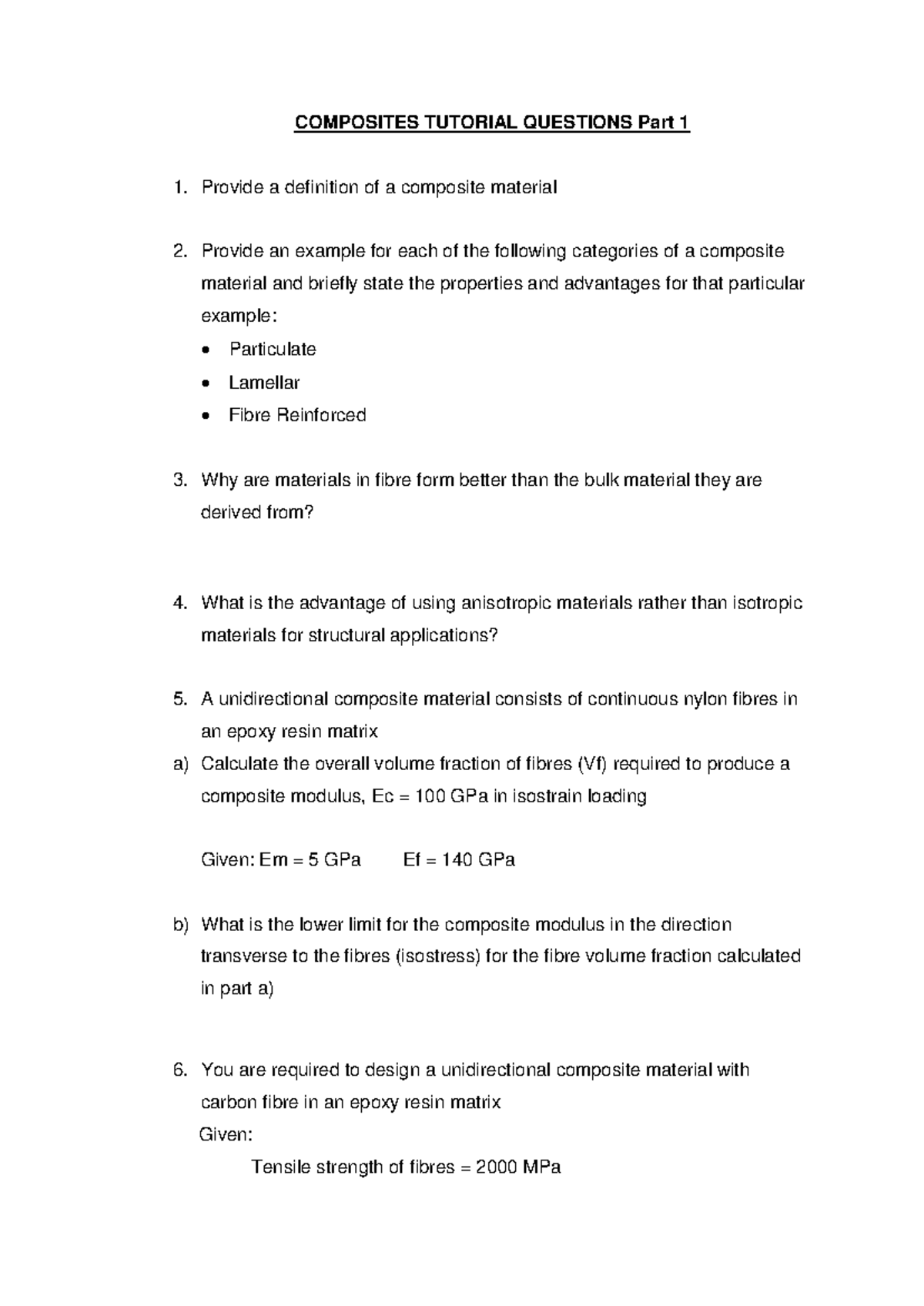 Composite Materials: Tutorial Questions and Practice Problems - Studocu