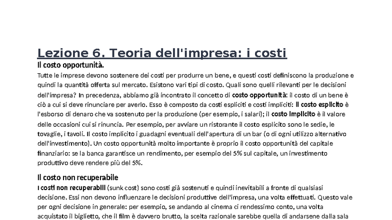 Lezione 6: Teoria dei Costi e Costo Opportunità - Microeconomia - Studocu