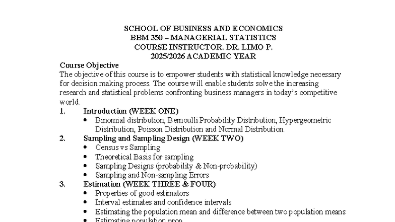 BBM 350 Course Outline 2025 2026 - SCHOOL OF BUSINESS AND ECONOMICS BBM ...