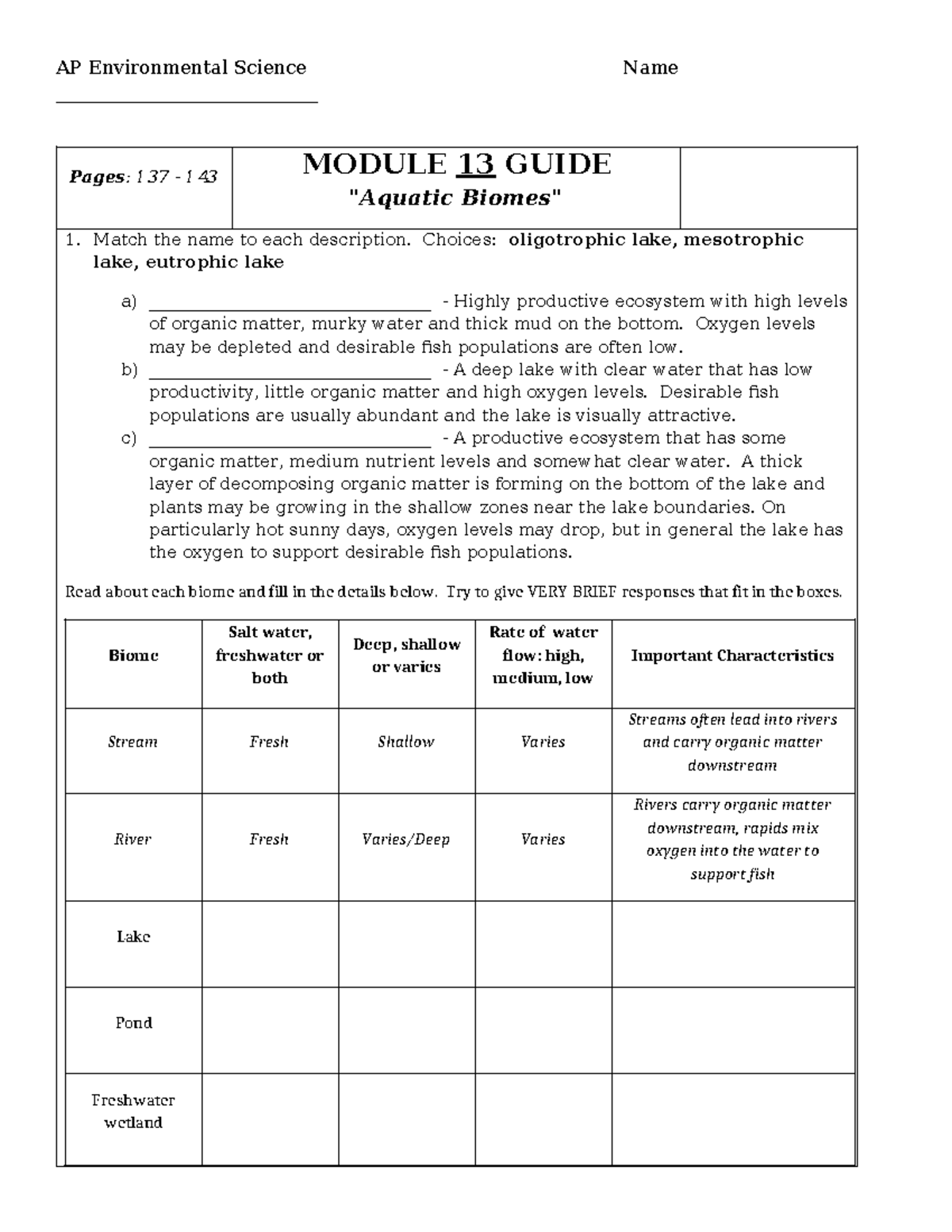 Aquatic Biomes Module 13 Notes - AP Environmental Science Name
