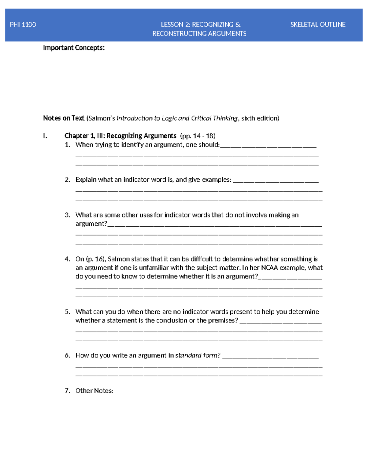 PHI 1100 LESSON 2: SKELETAL OUTLINE ON RECONSTRUCTING ARGUMENTS - Studocu